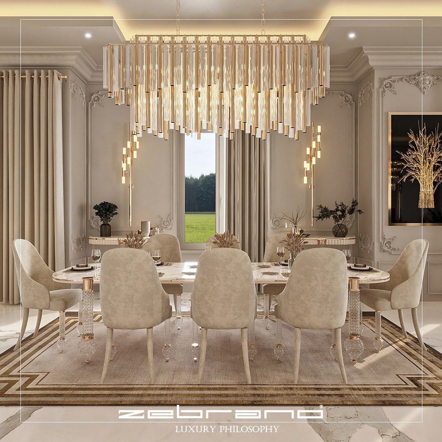 An opulent dining room with lavish decor