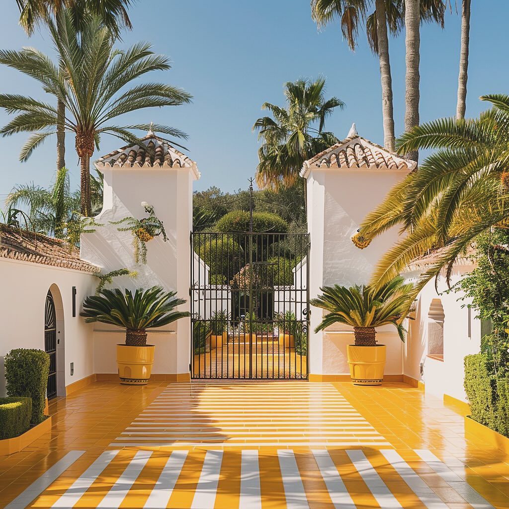 A sunlit entrance featuring geometric patterns and lush greenery