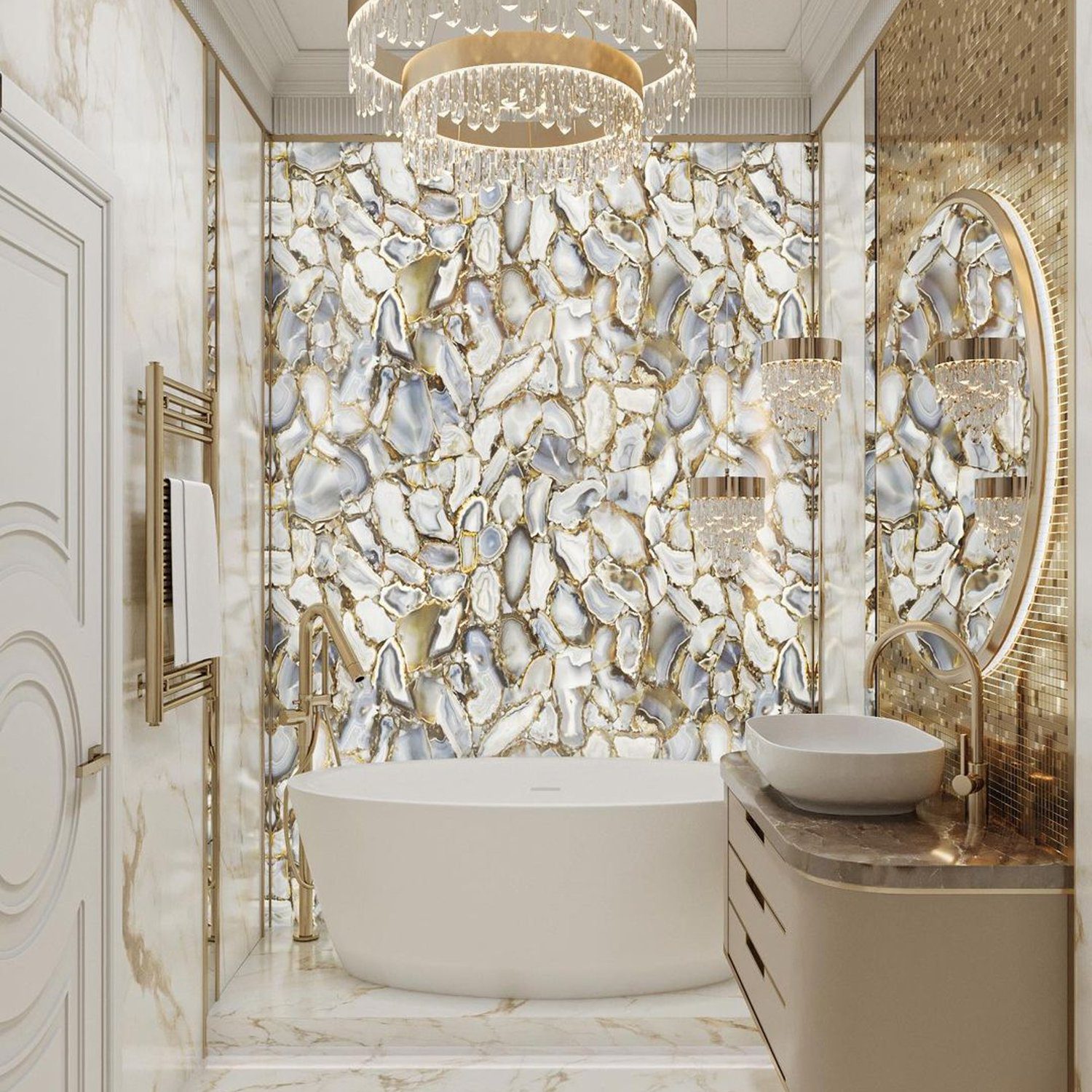 Luxurious bathroom with golden accents and crushed pearl wall