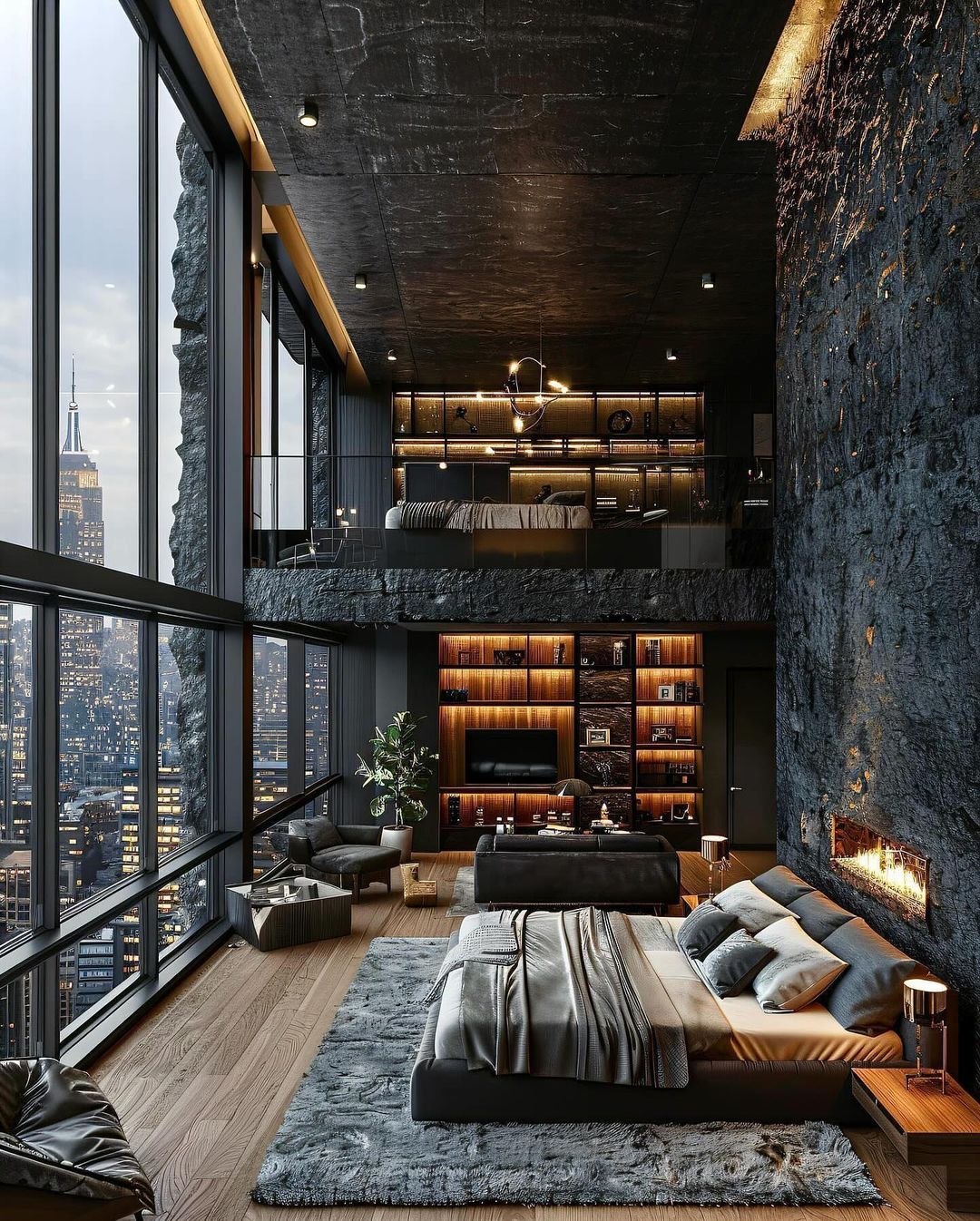 Luxurious high-rise apartment living room with expansive city views