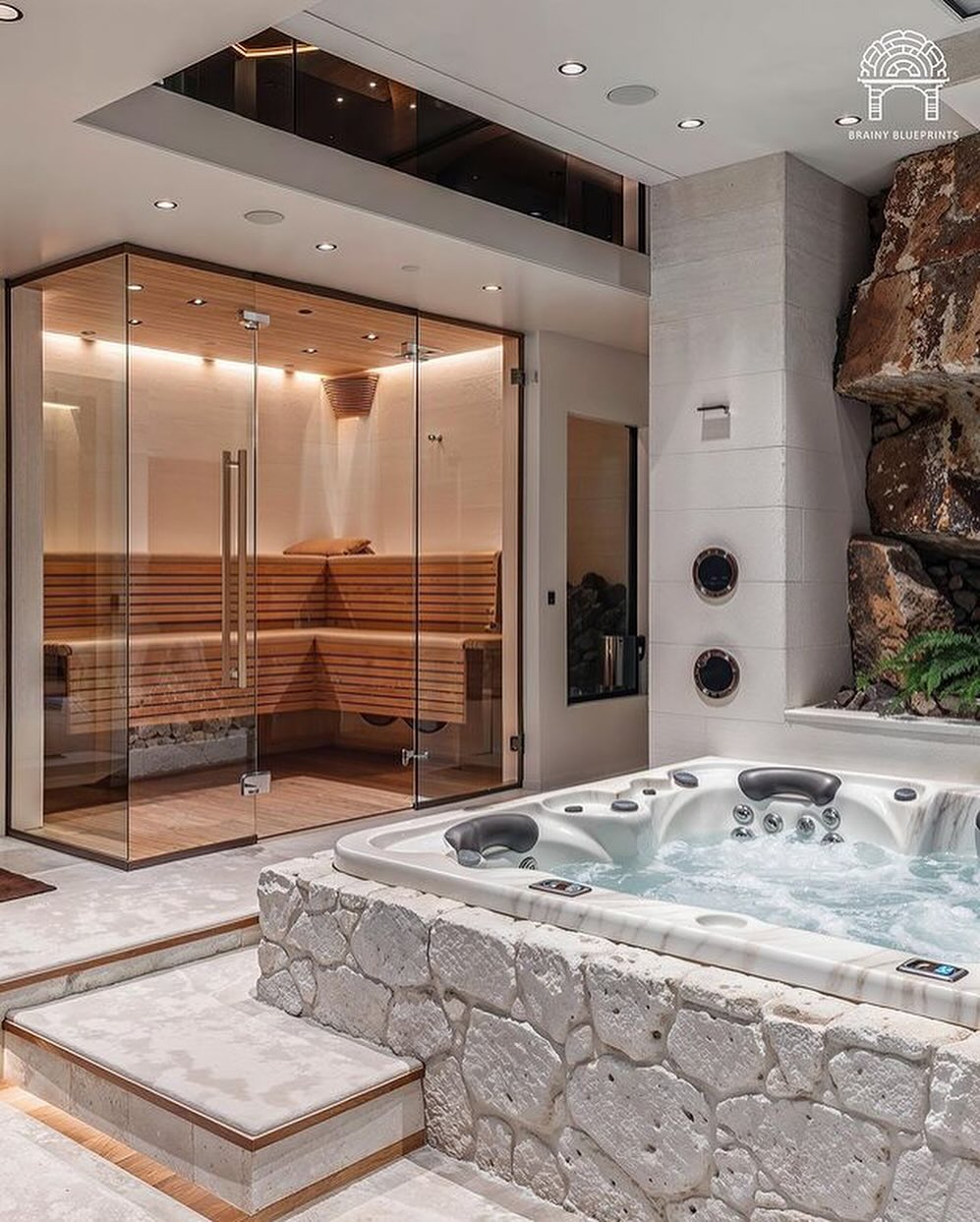 Luxurious spa-style bathroom with natural stone and wood accents