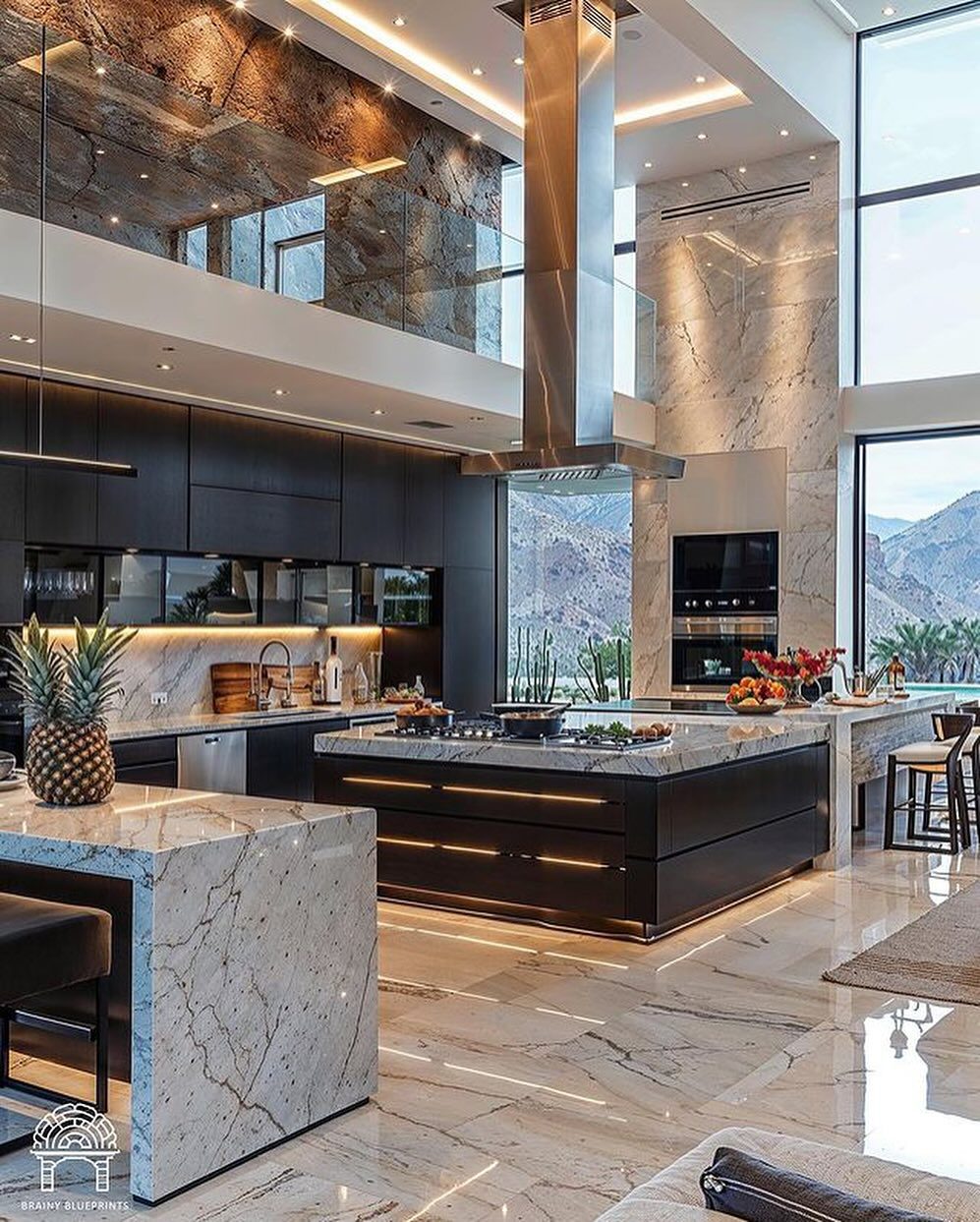 A sophisticated and modern kitchen design blending natural elements and high-end finishes.