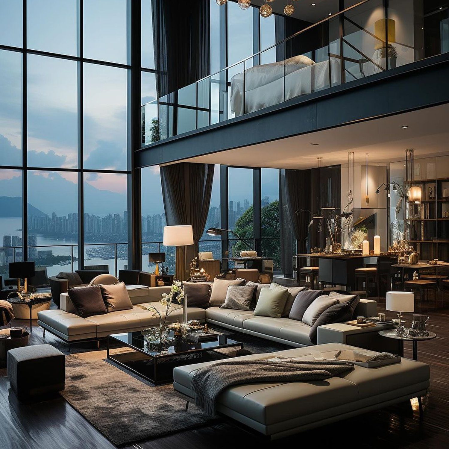 Luxurious high-ceilinged living room with cityscape view