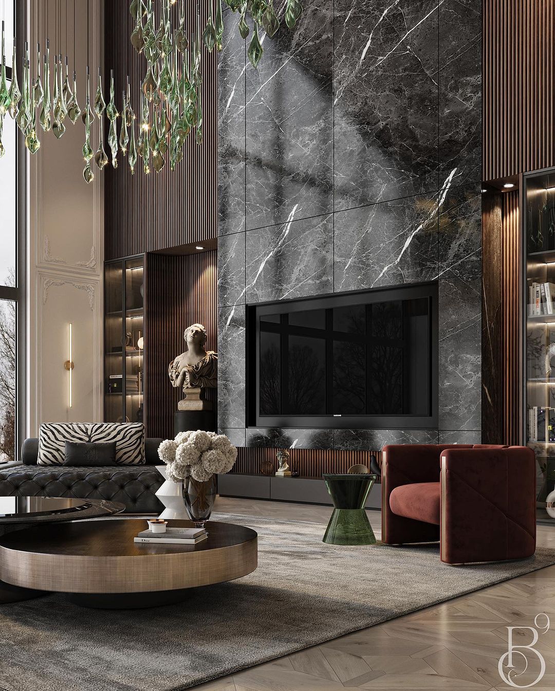 Luxurious living room with marble and wood accents