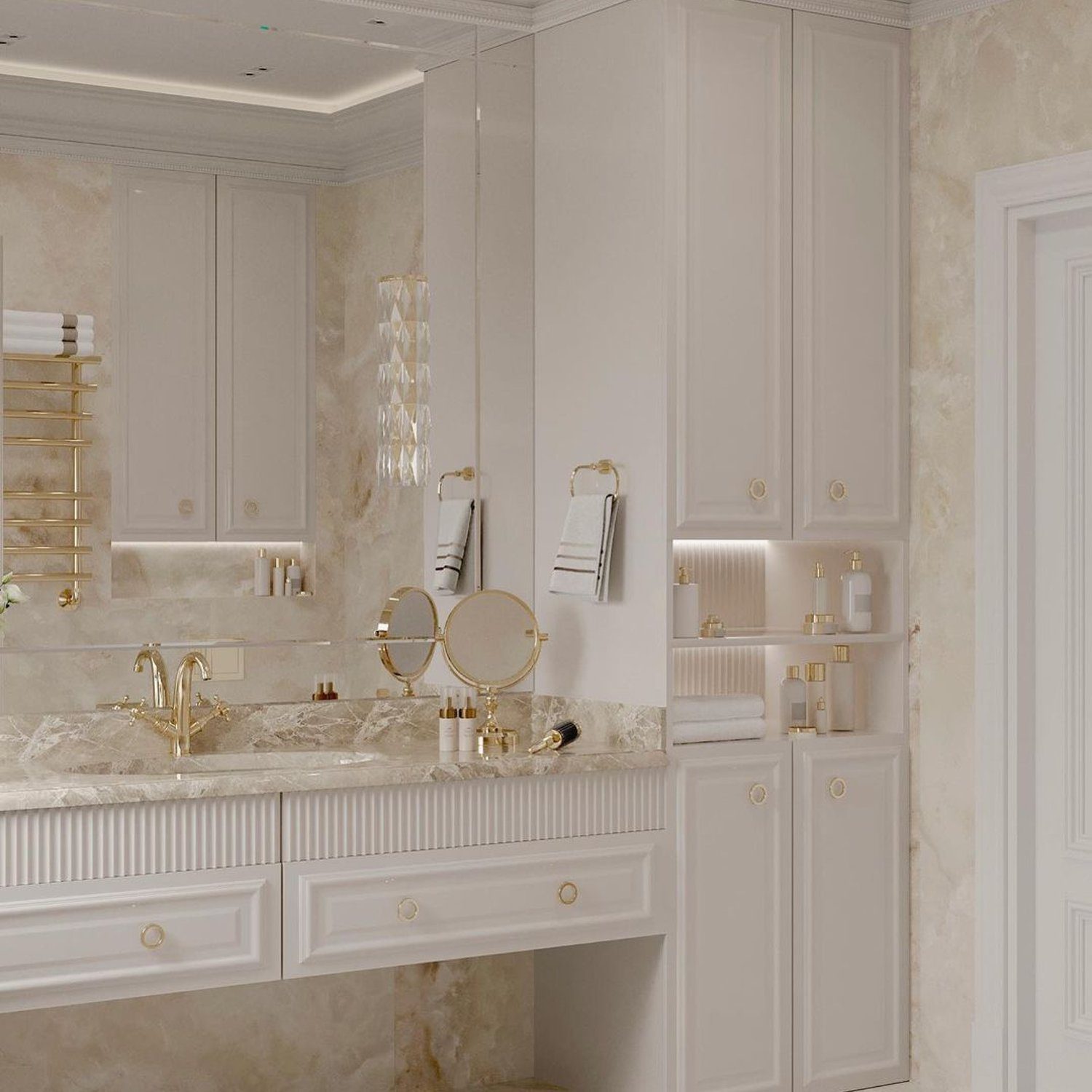 Elegant bathroom with marble accents and gold fixtures