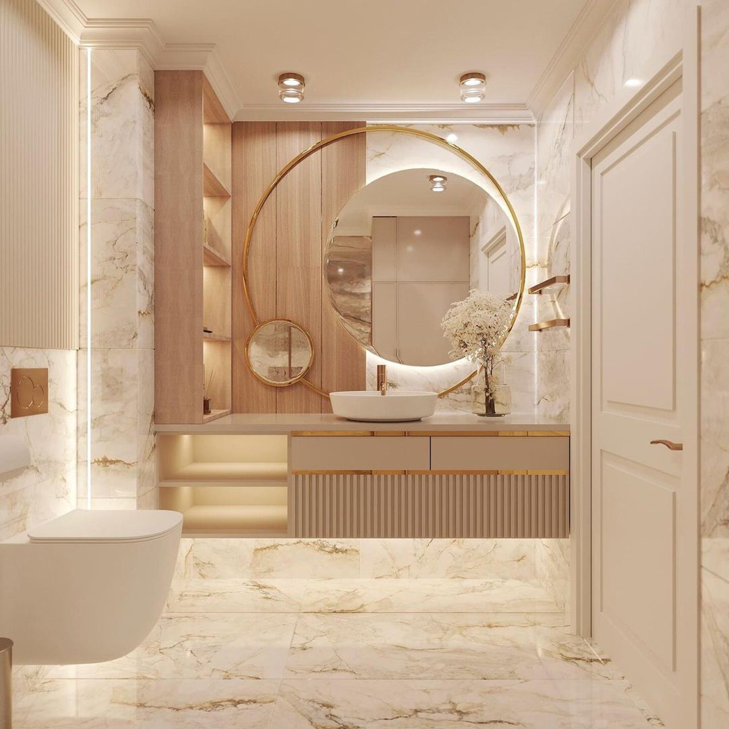 A luxurious marble-themed bathroom with elegant fixtures