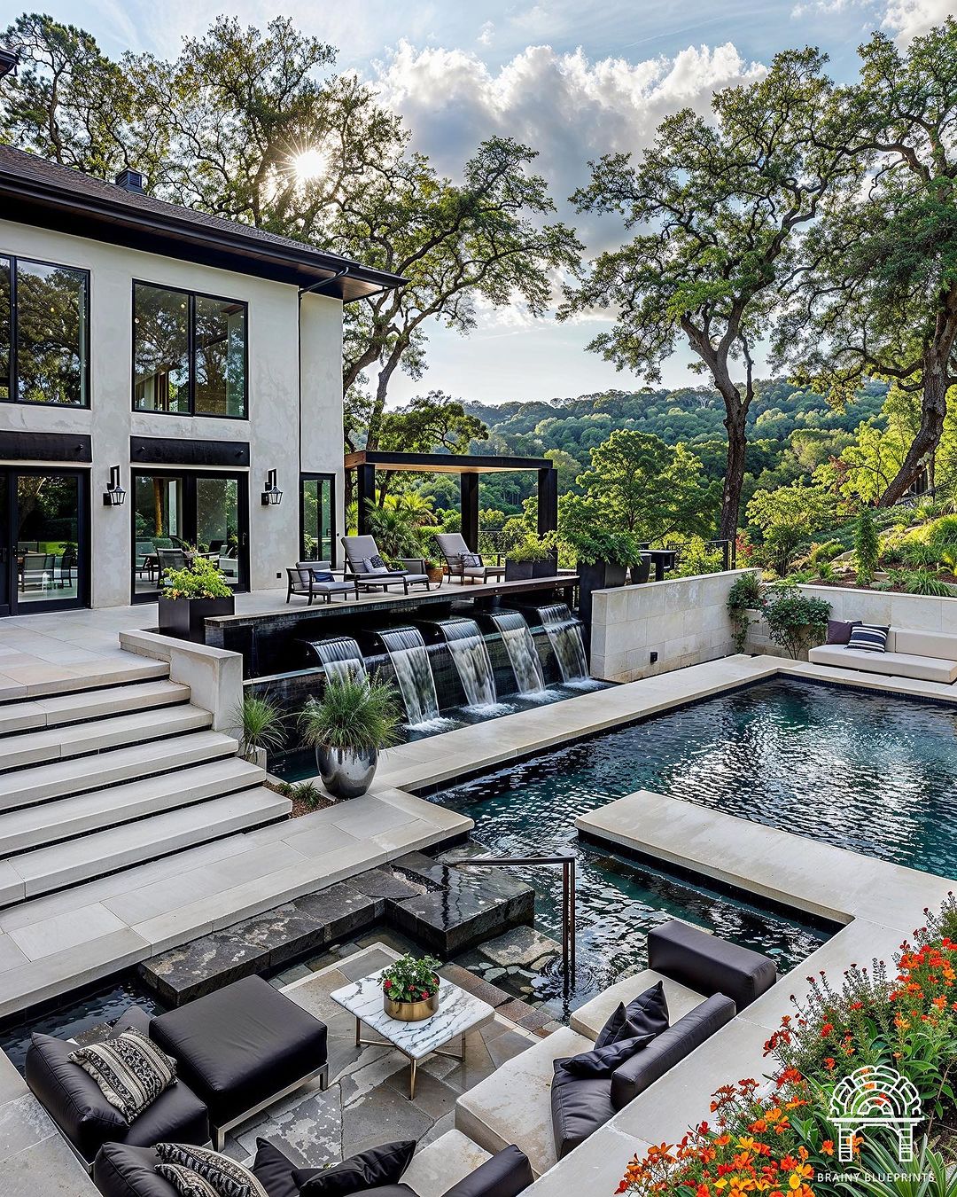 Luxurious modern backyard with infinity pool