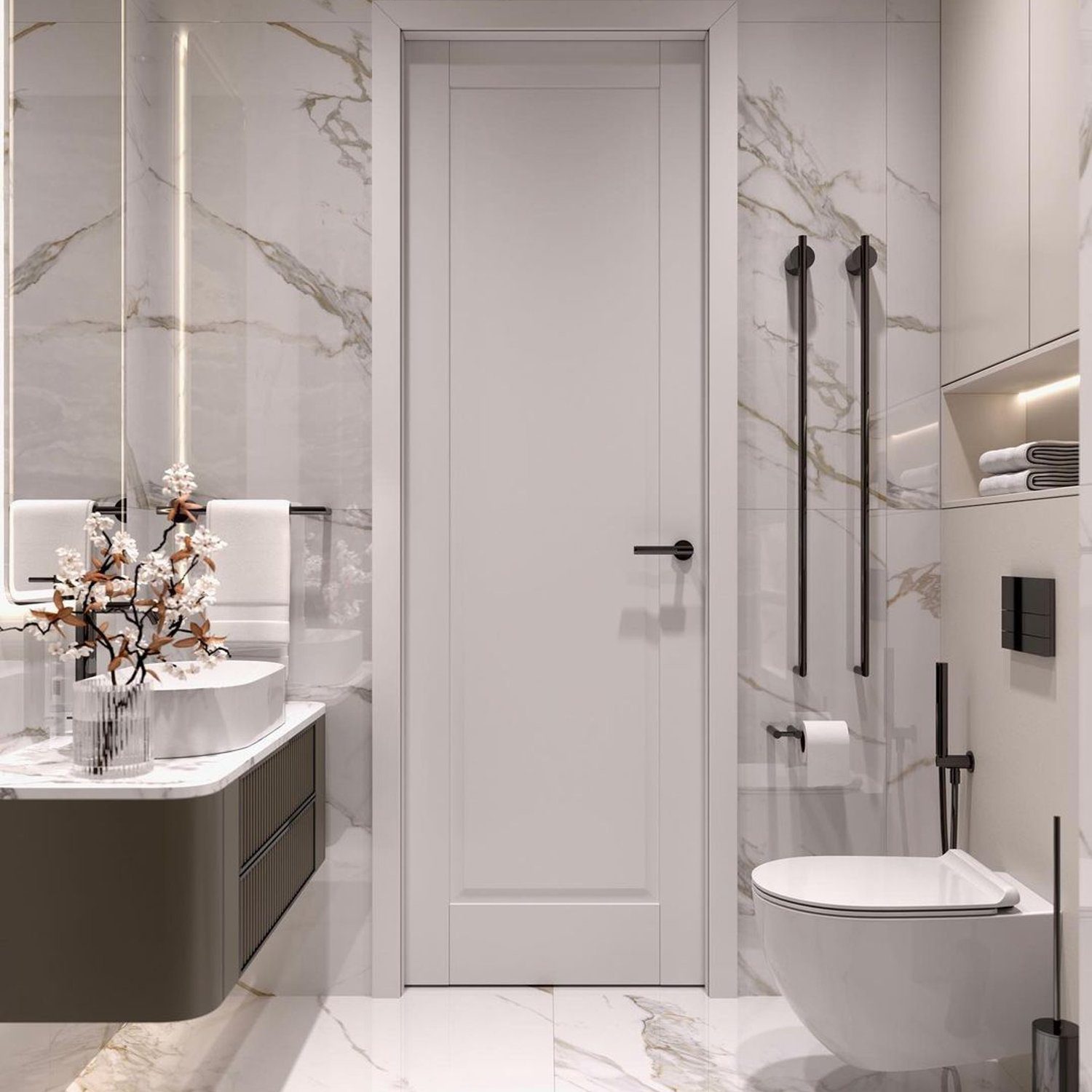 A sleek and modern bathroom exuding luxury with its marble walls, freestanding bathtub, and chic fixtures.