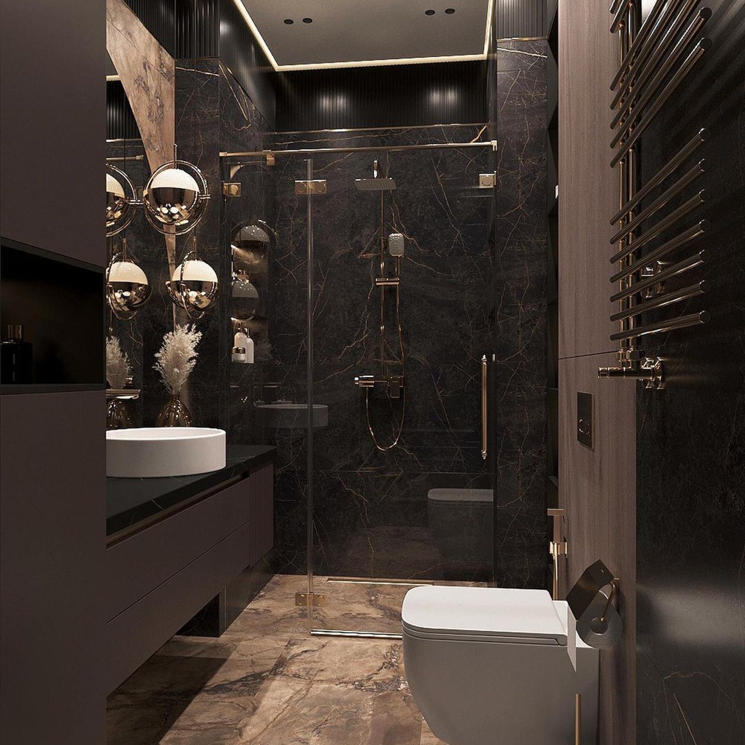 Luxurious modern bathroom with dark marble