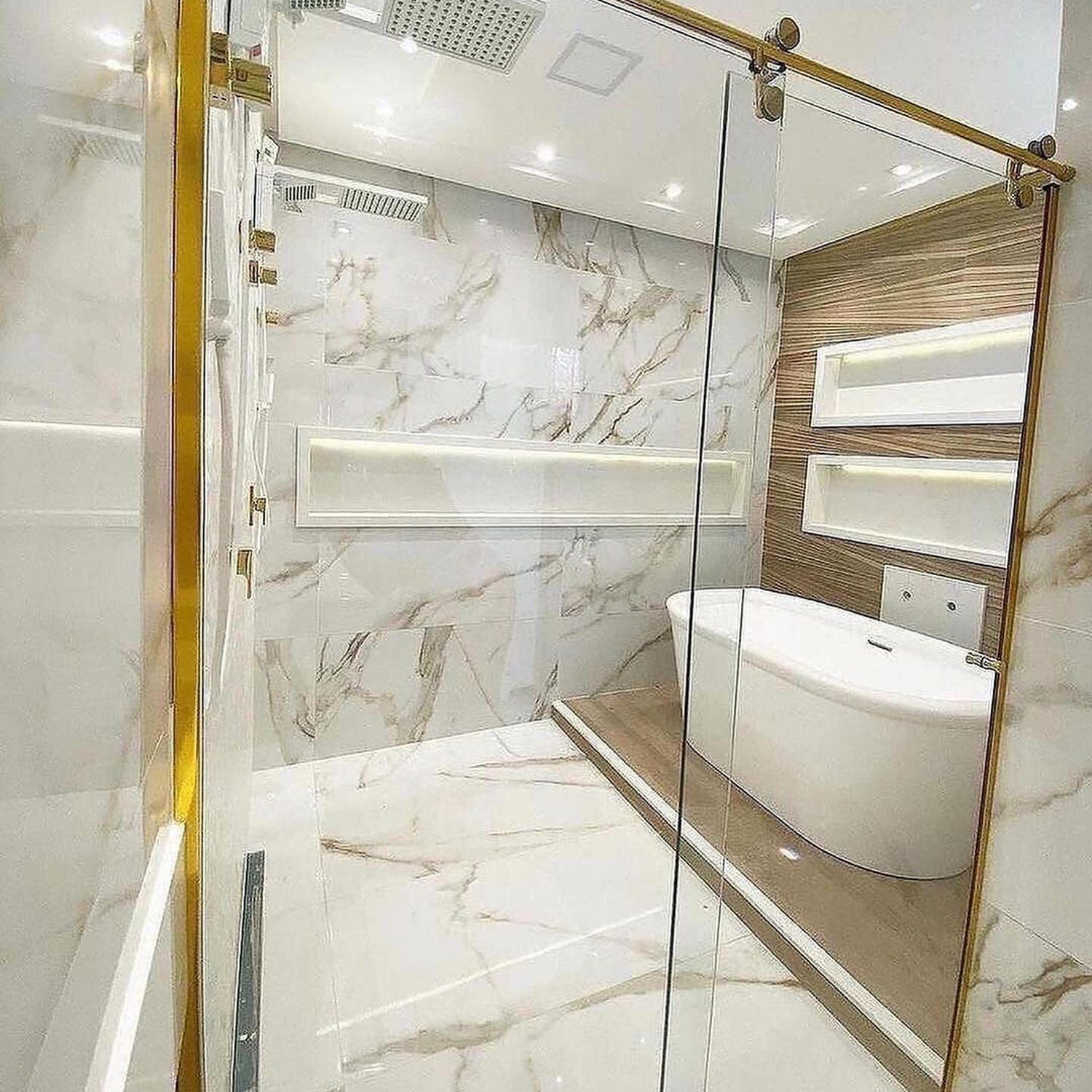 Luxurious modern bathroom with marble tiles