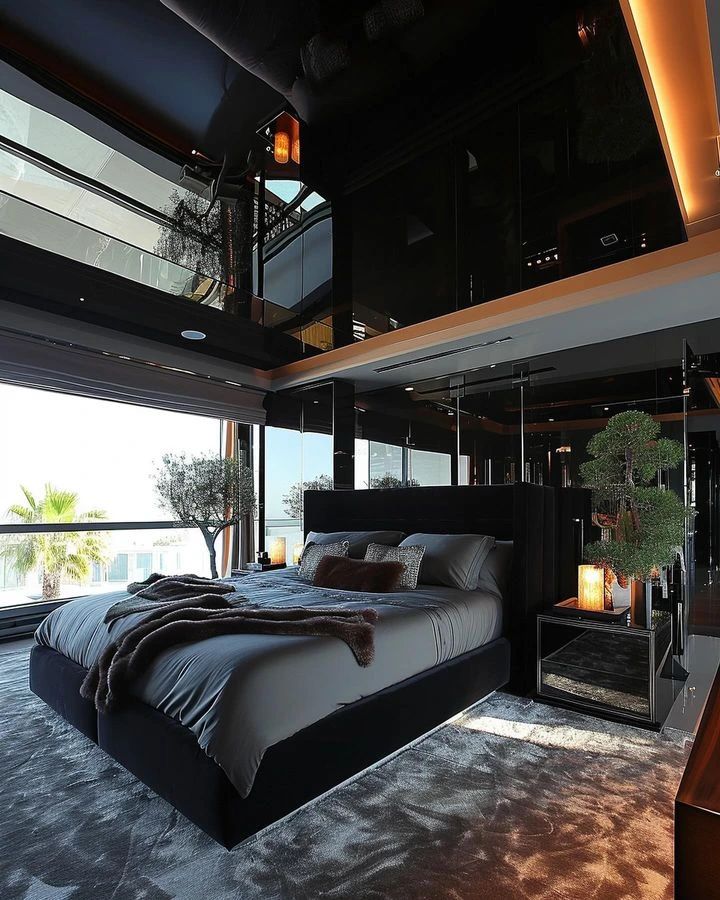 Luxurious modern bedroom with expansive views and sophisticated decor