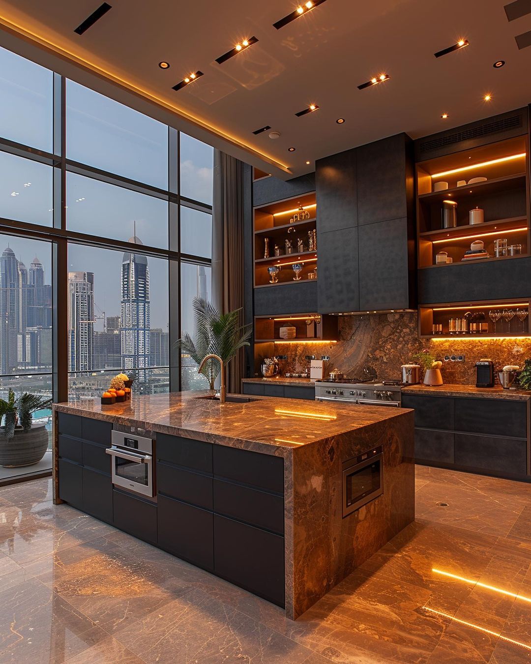 A luxurious modern kitchen with marble finishes and a breathtaking city view