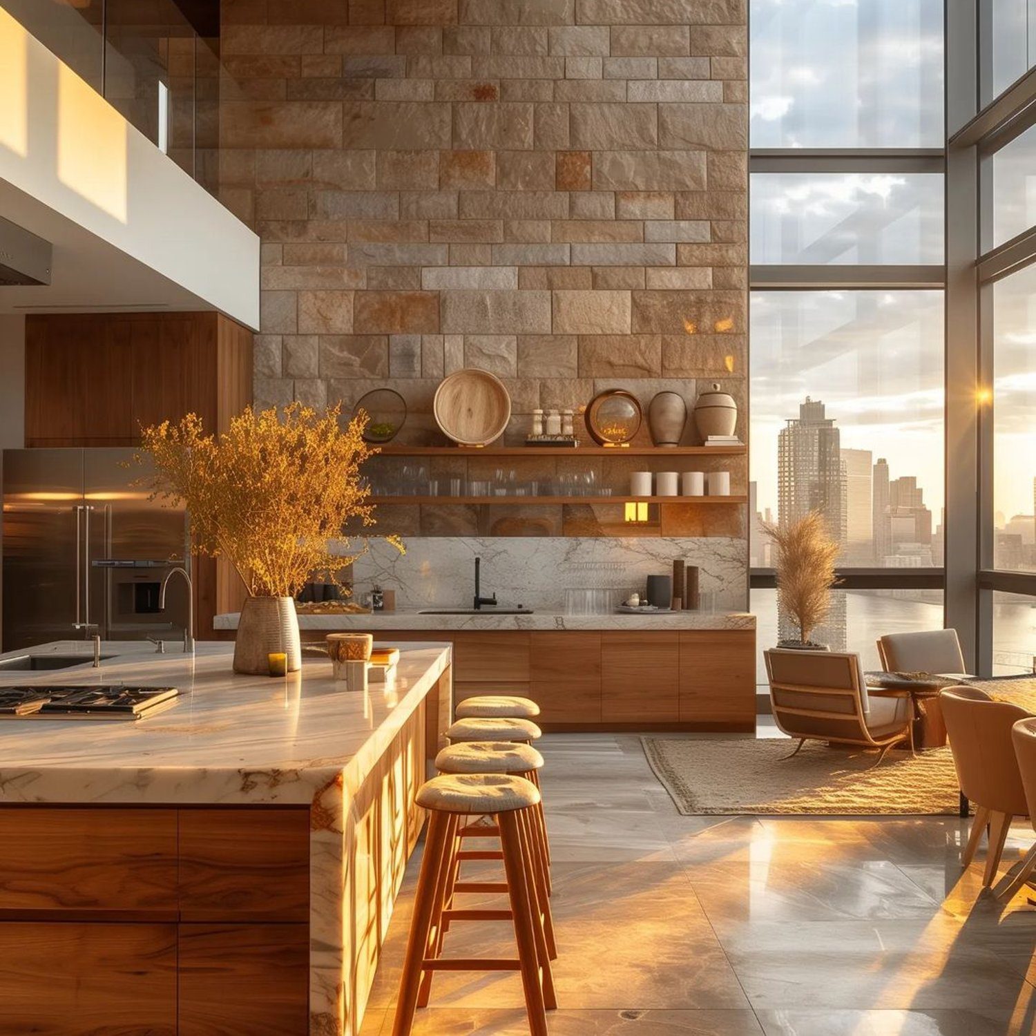 Luxurious modern kitchen with floor-to-ceiling windows