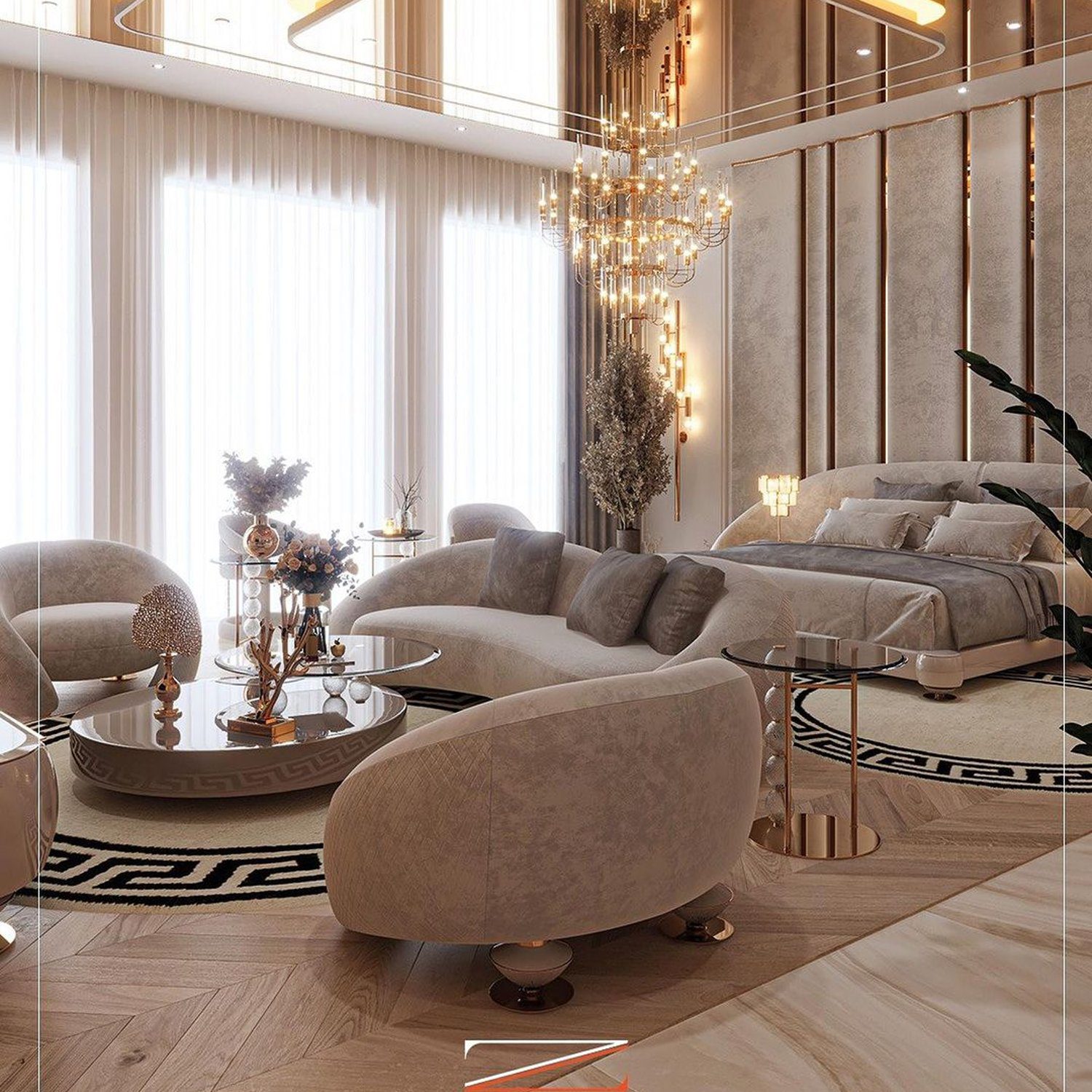 Luxurious modern living room design with soft lighting and plush furnishings