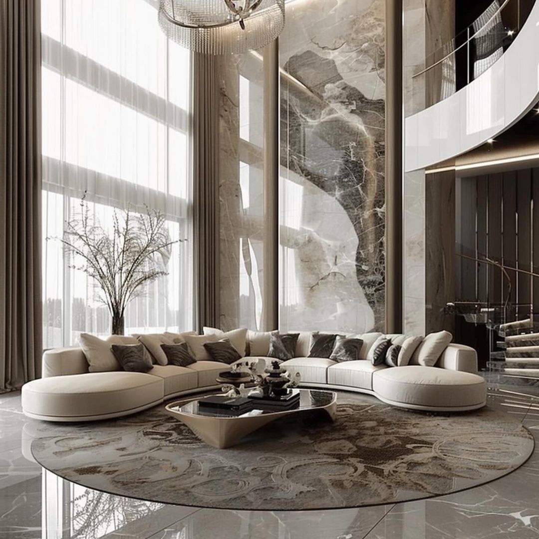 Luxurious modern living room with high ceilings and expansive marble walls