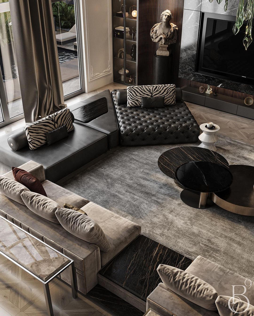 Luxurious modern living room with plush textures and dark hues