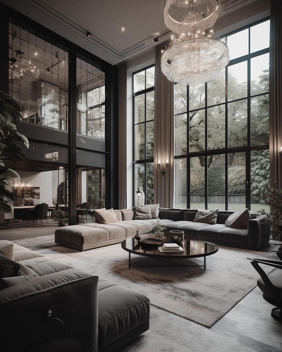 Luxurious modern living room with floor-to-ceiling windows and a chic interior