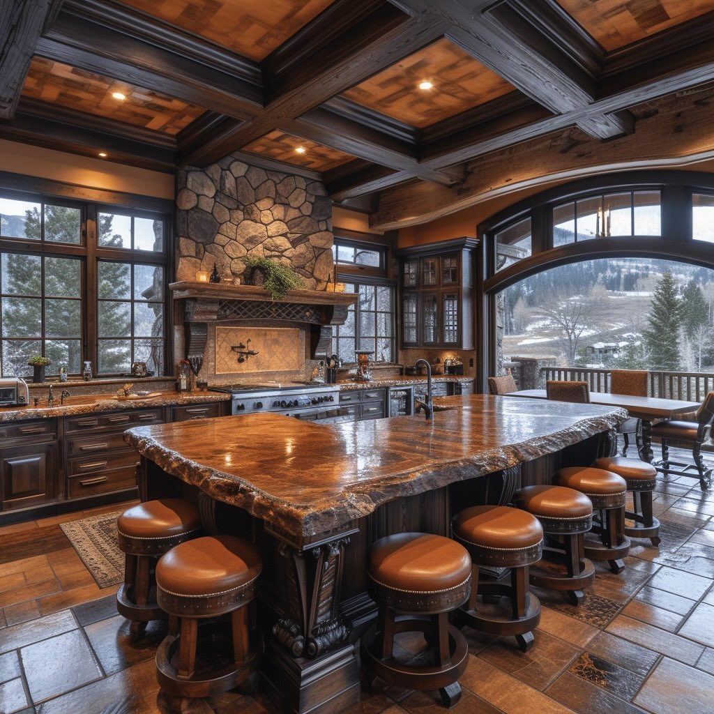 Luxurious mountain-style kitchen with panoramic views