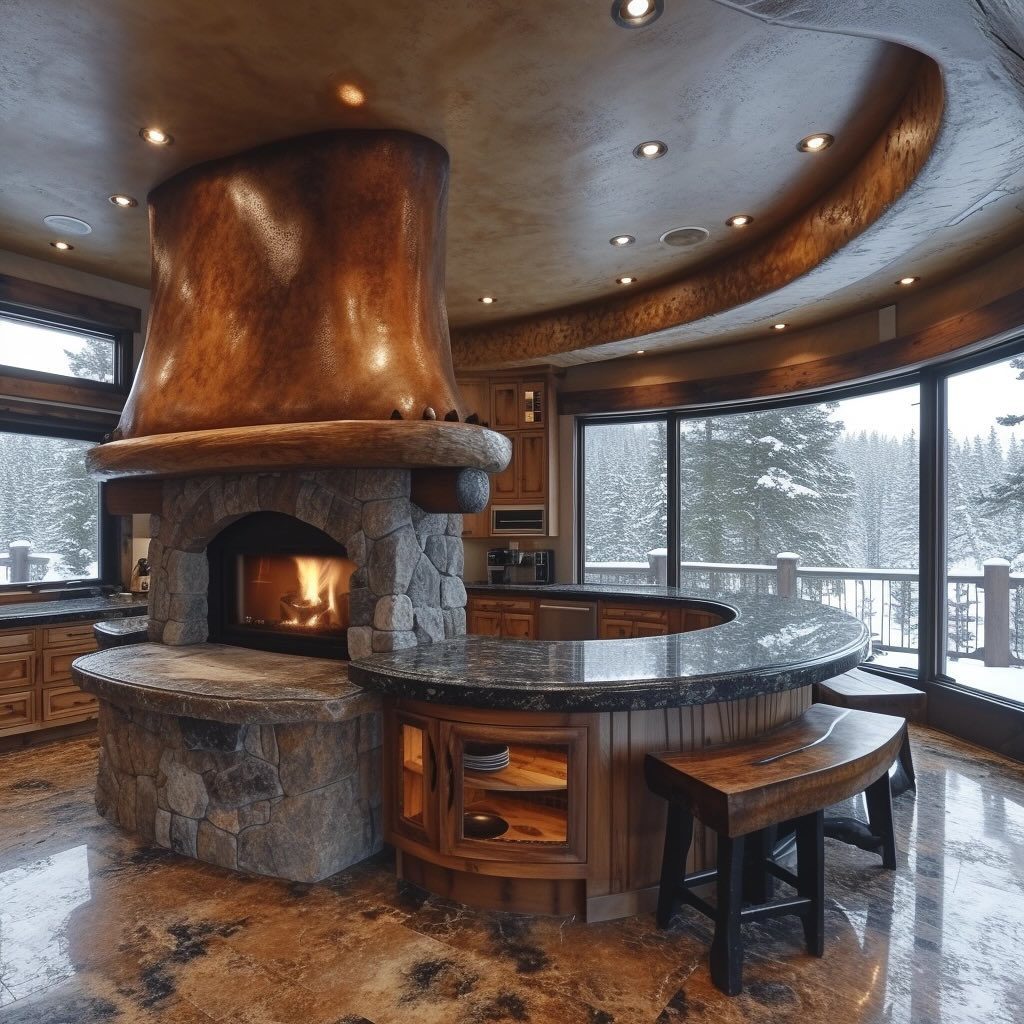 Luxurious mountain kitchen with a central stone fireplace