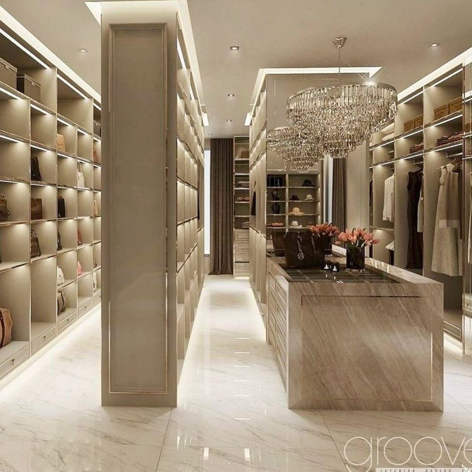 Elegant and spacious walk-in closet with marble floors