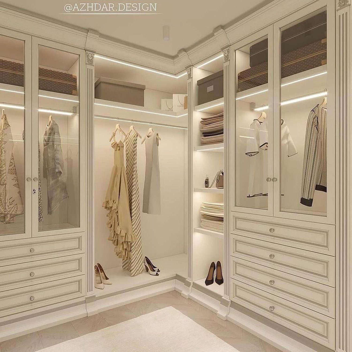 Elegant walk-in closet with custom cabinetry