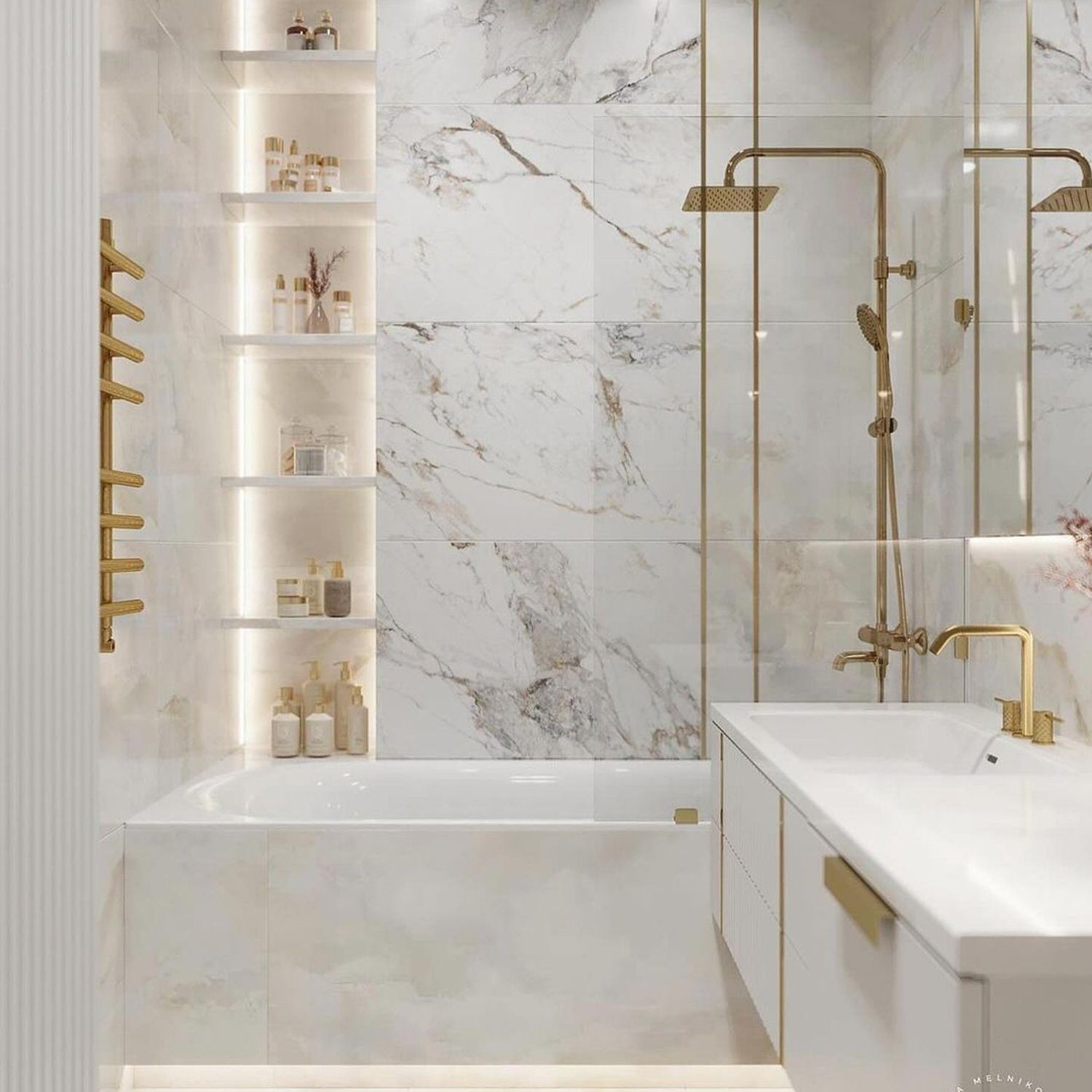 Elegant white and marble bathroom with gold fixtures