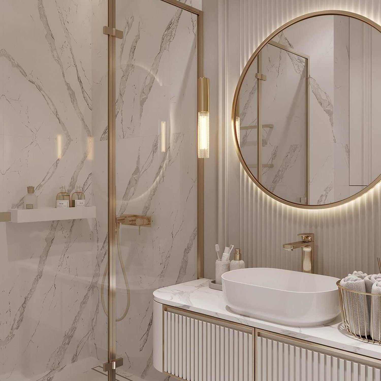 Elegant marble bathroom with gold accents