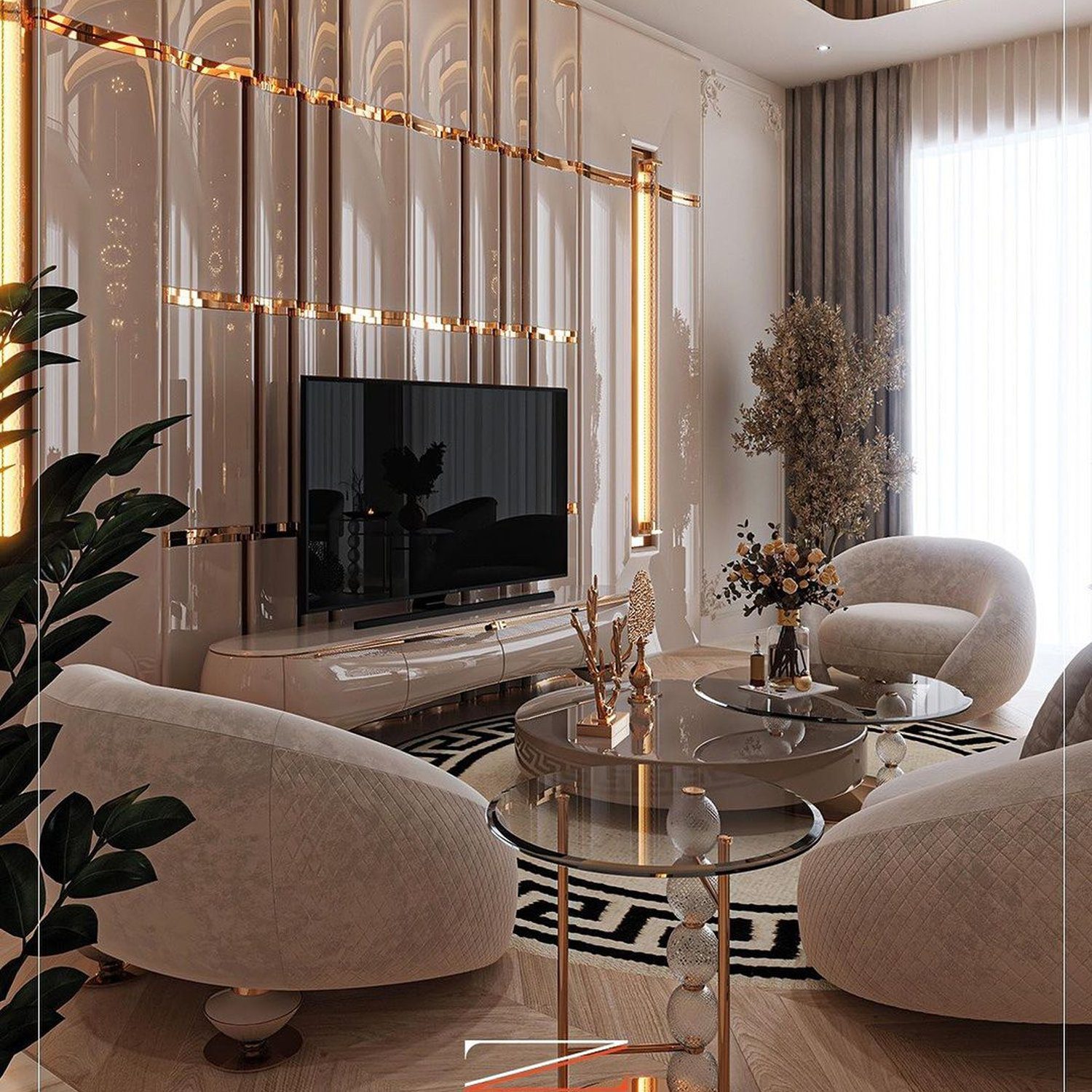 A modern and chic living room designed with an opulent style