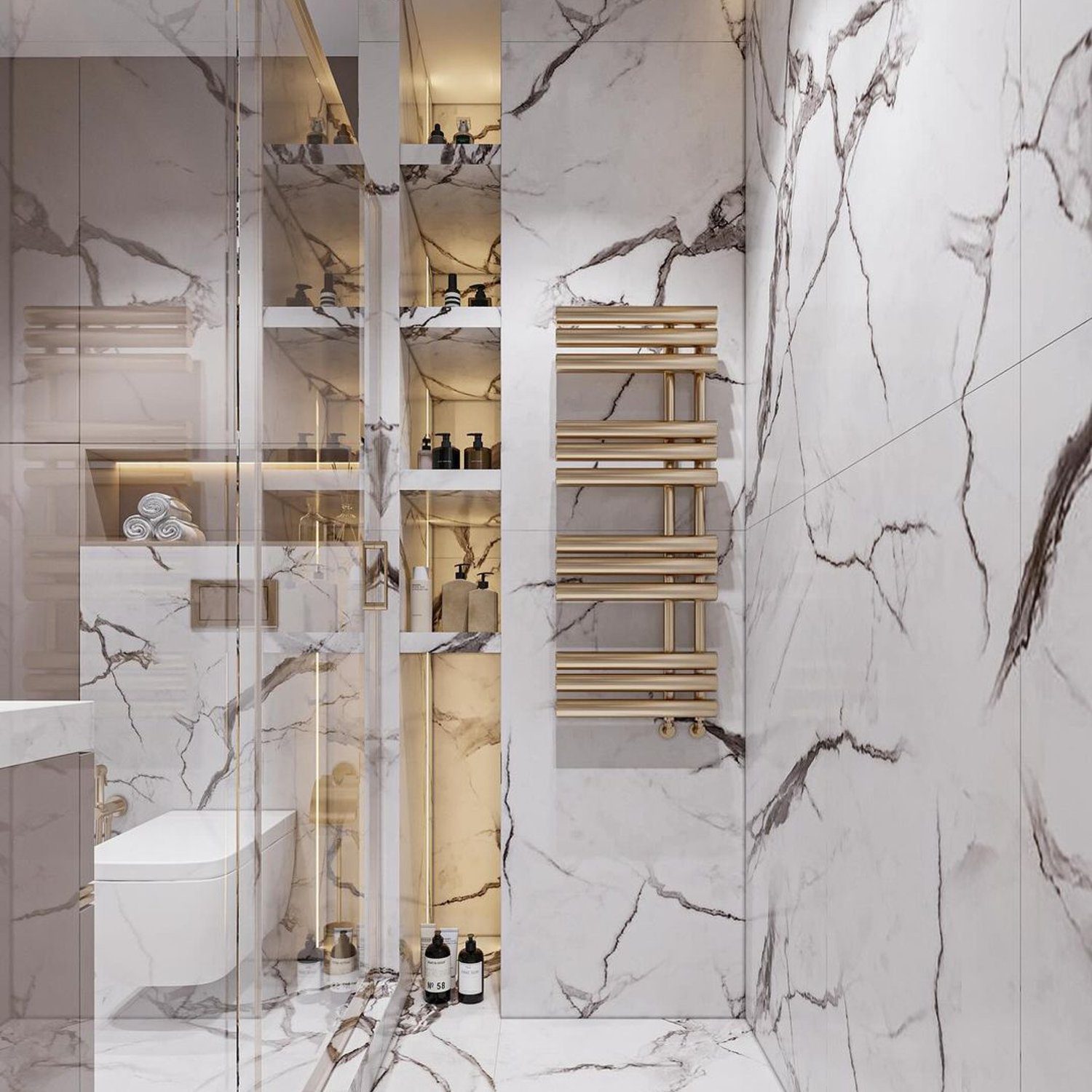 Elegant marble bathroom with gold accents