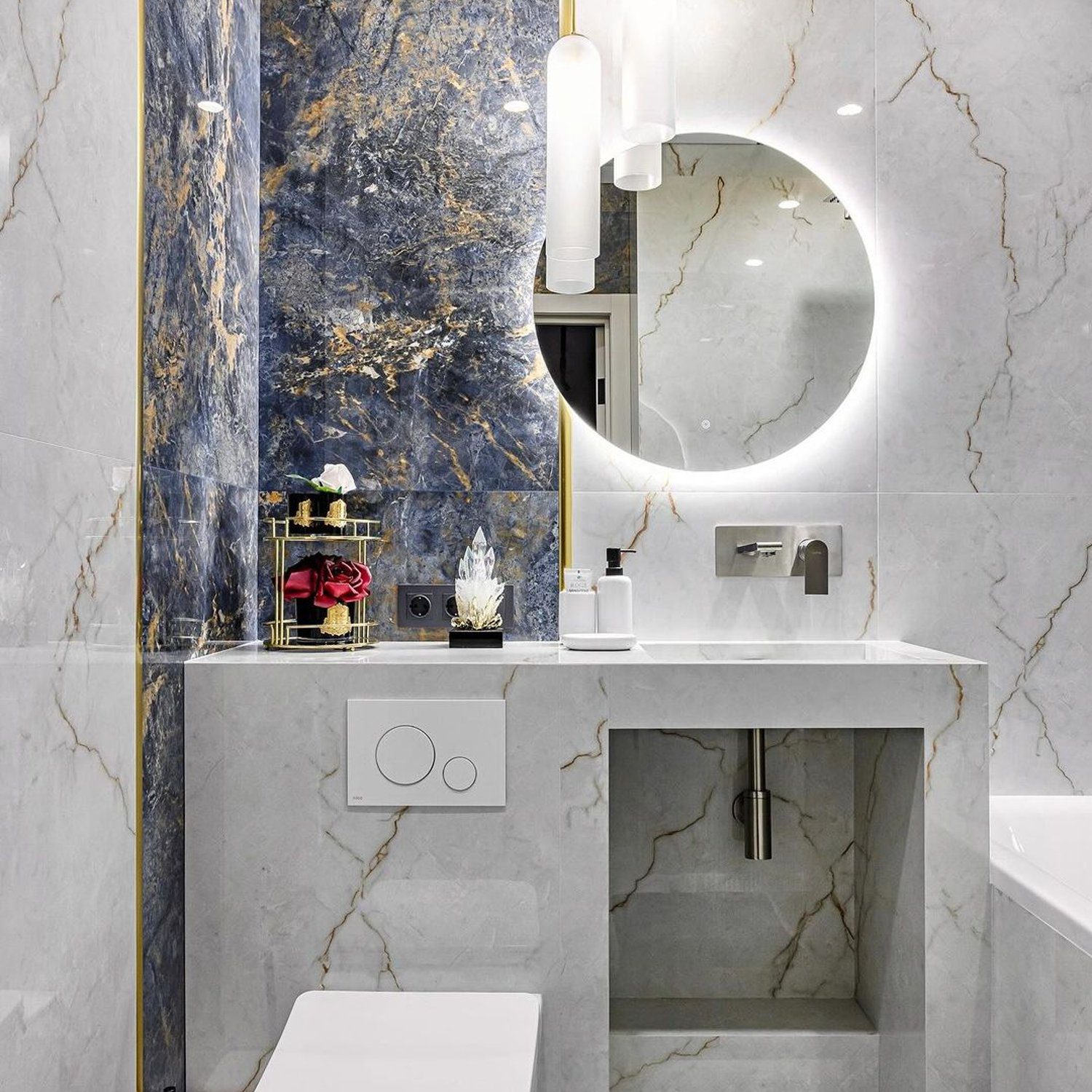 Luxurious marble-finished bathroom with a sleek design