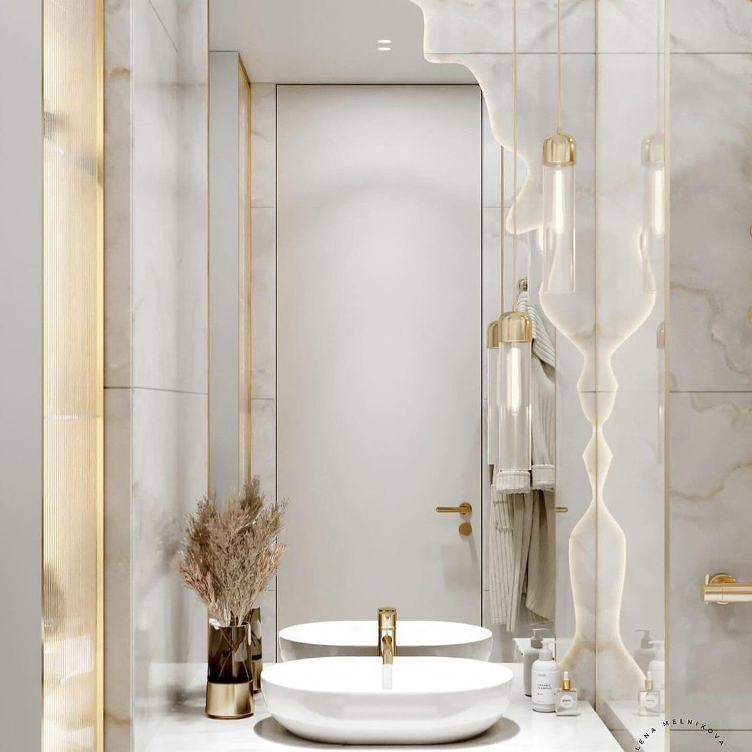 Luxurious marble bathroom with elegant gold accents