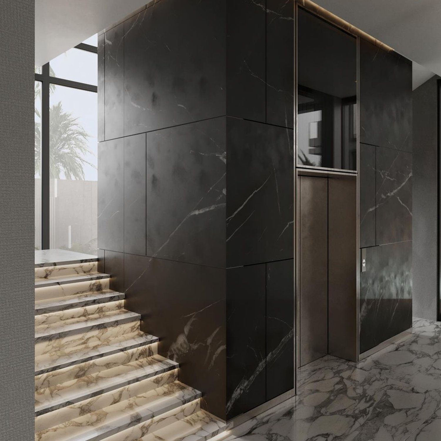 Elegant interior stairway and wall design with marble accents