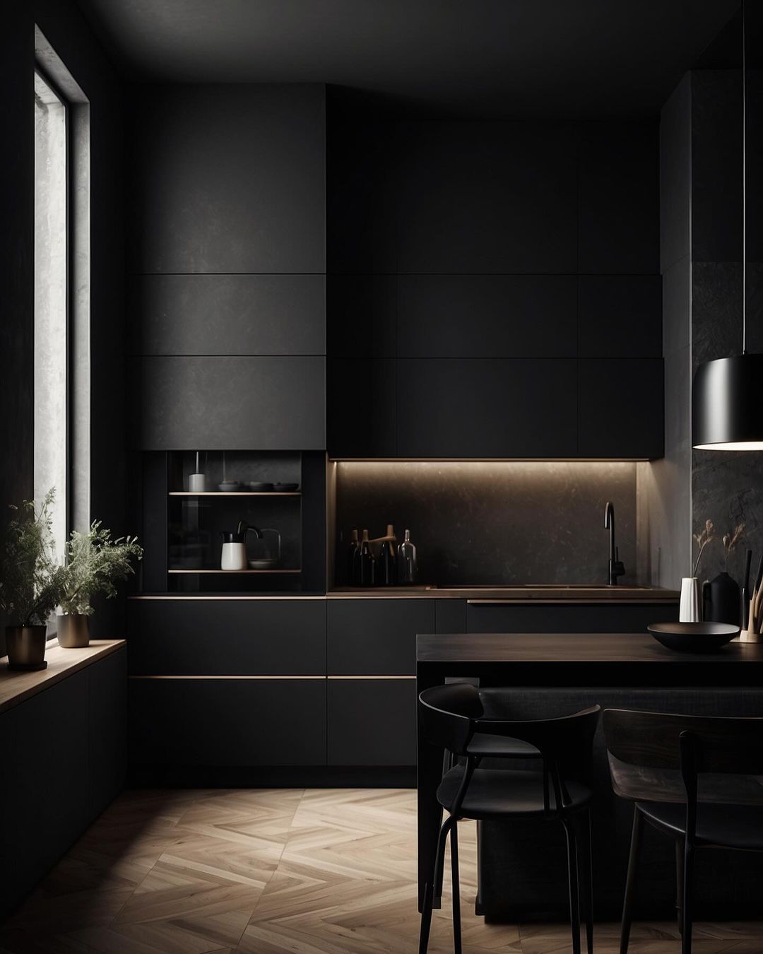 An avant-garde kitchen with matte black cabinetry