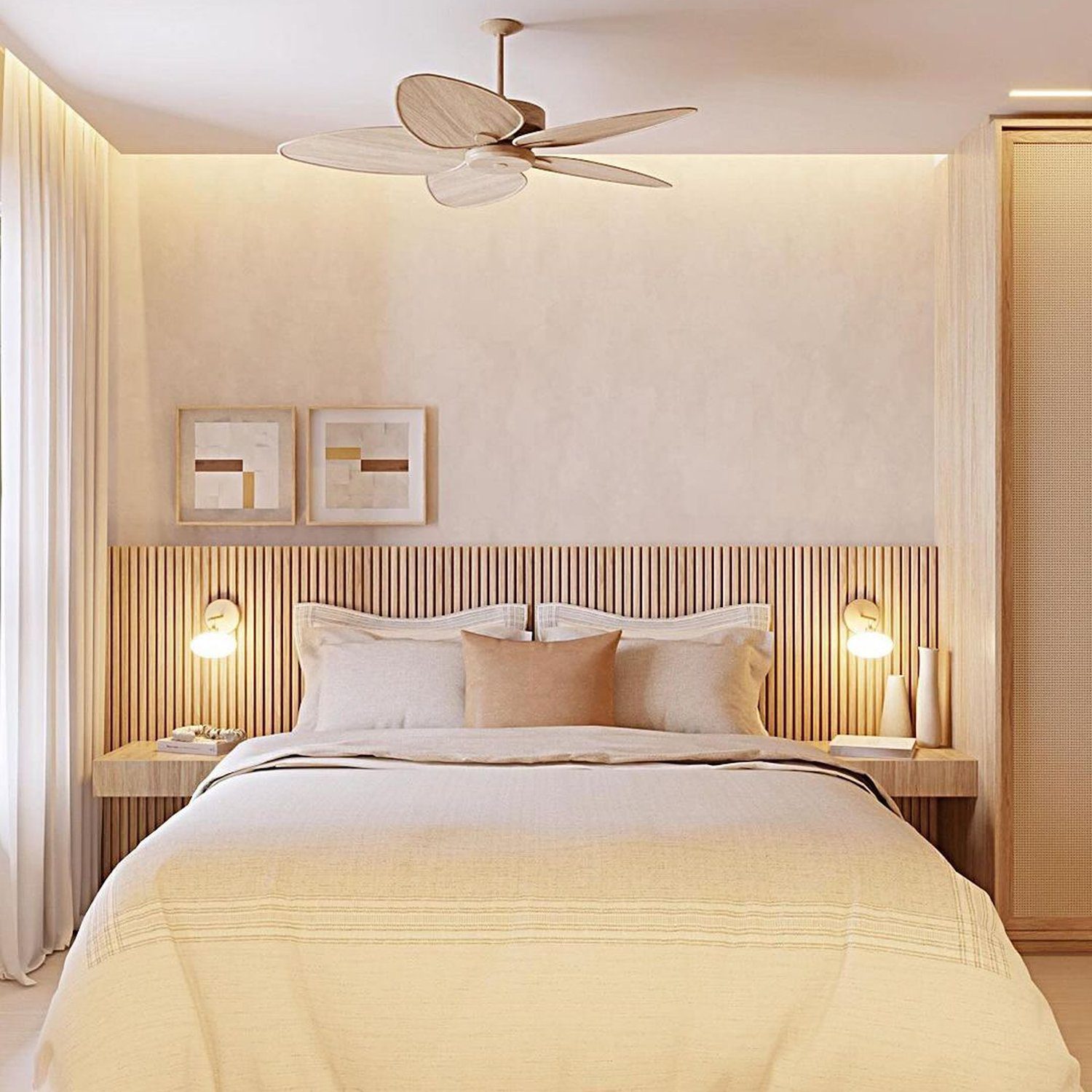 A tranquil bedroom design boasting a harmonious blend of warm neutrals and textural contrasts.