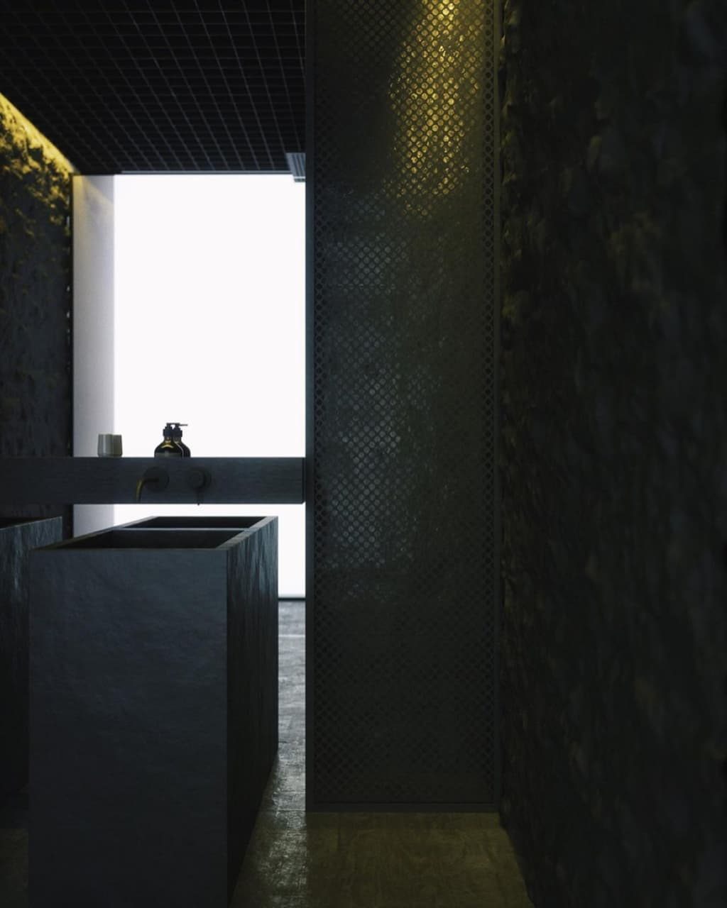 A modern minimalist bathroom with textured surfaces