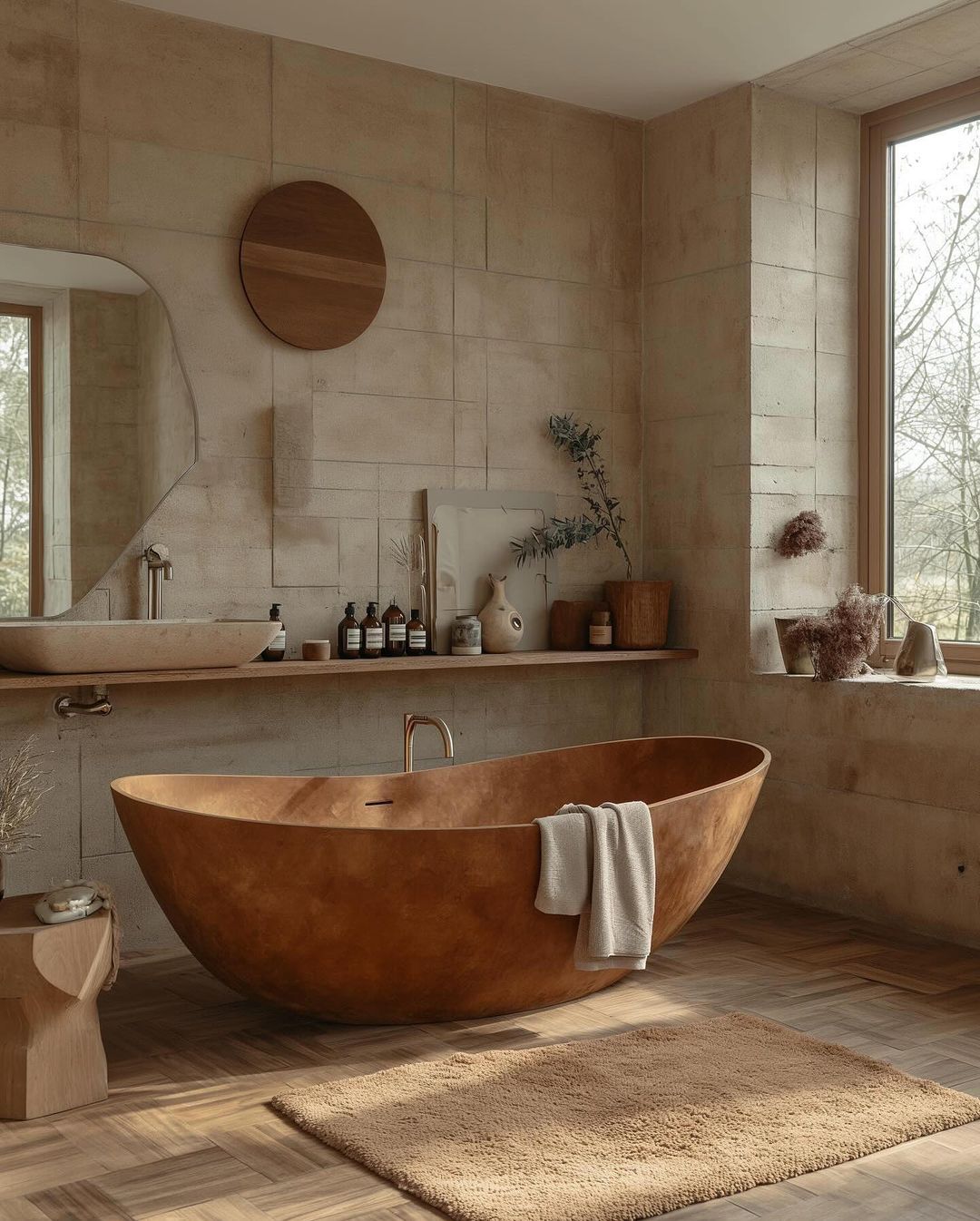 A minimalist-designed bathroom with natural light