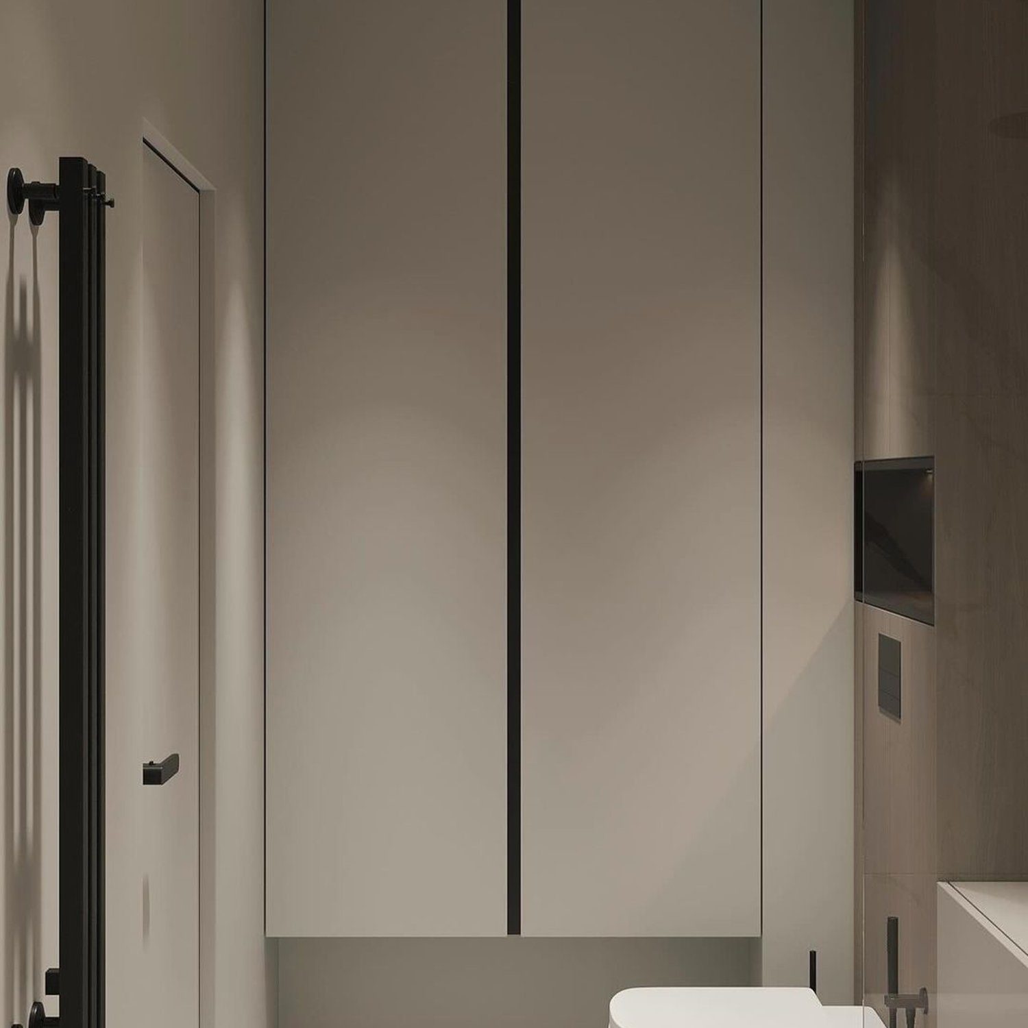 A modern bathroom featuring sleek lines and a monochrome palette