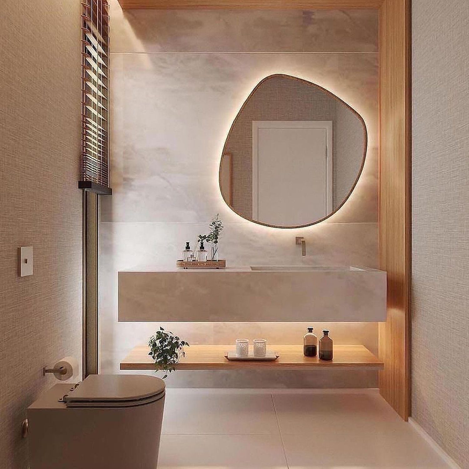 A modern minimalist bathroom blending natural wood elements and muted grey tones