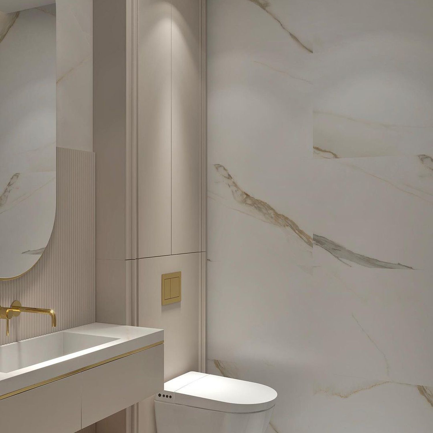 A modern bathroom featuring marble wall tiles