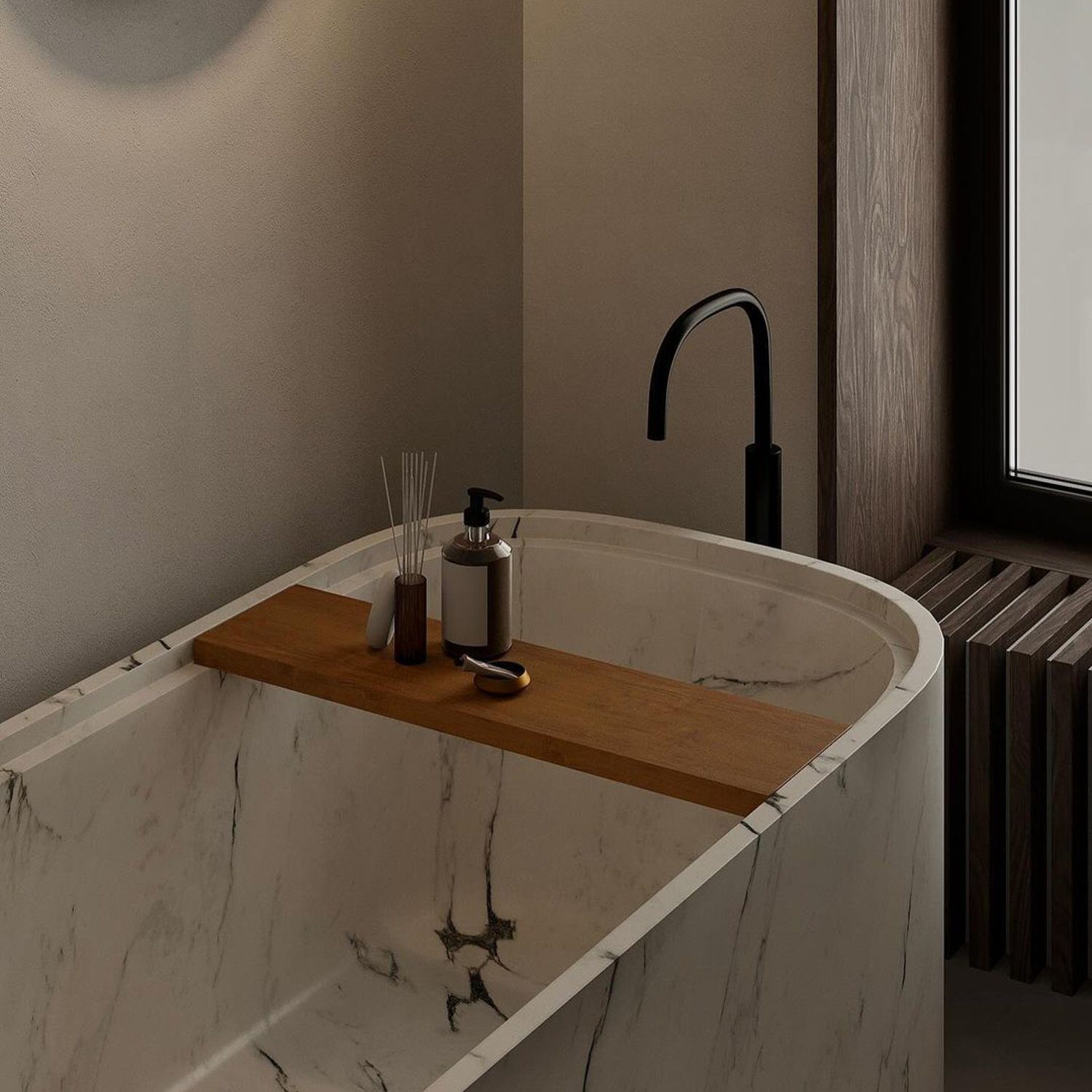 A luxurious minimalist bathroom featuring a marble bathtub with a wooden bath caddy