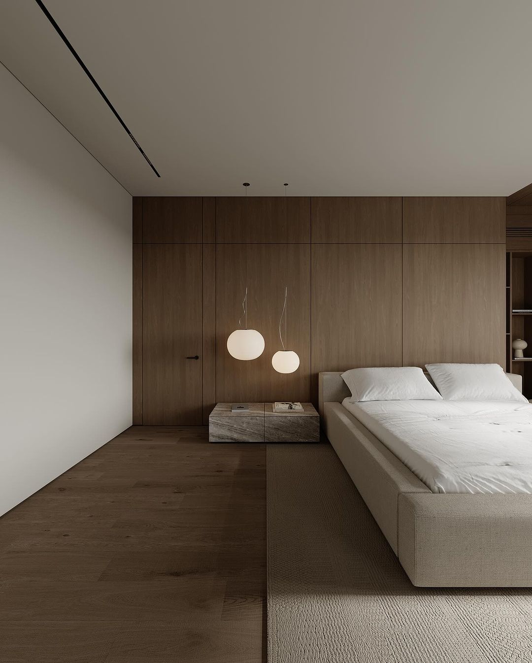 Minimalist bedroom with clean lines and natural wood textures