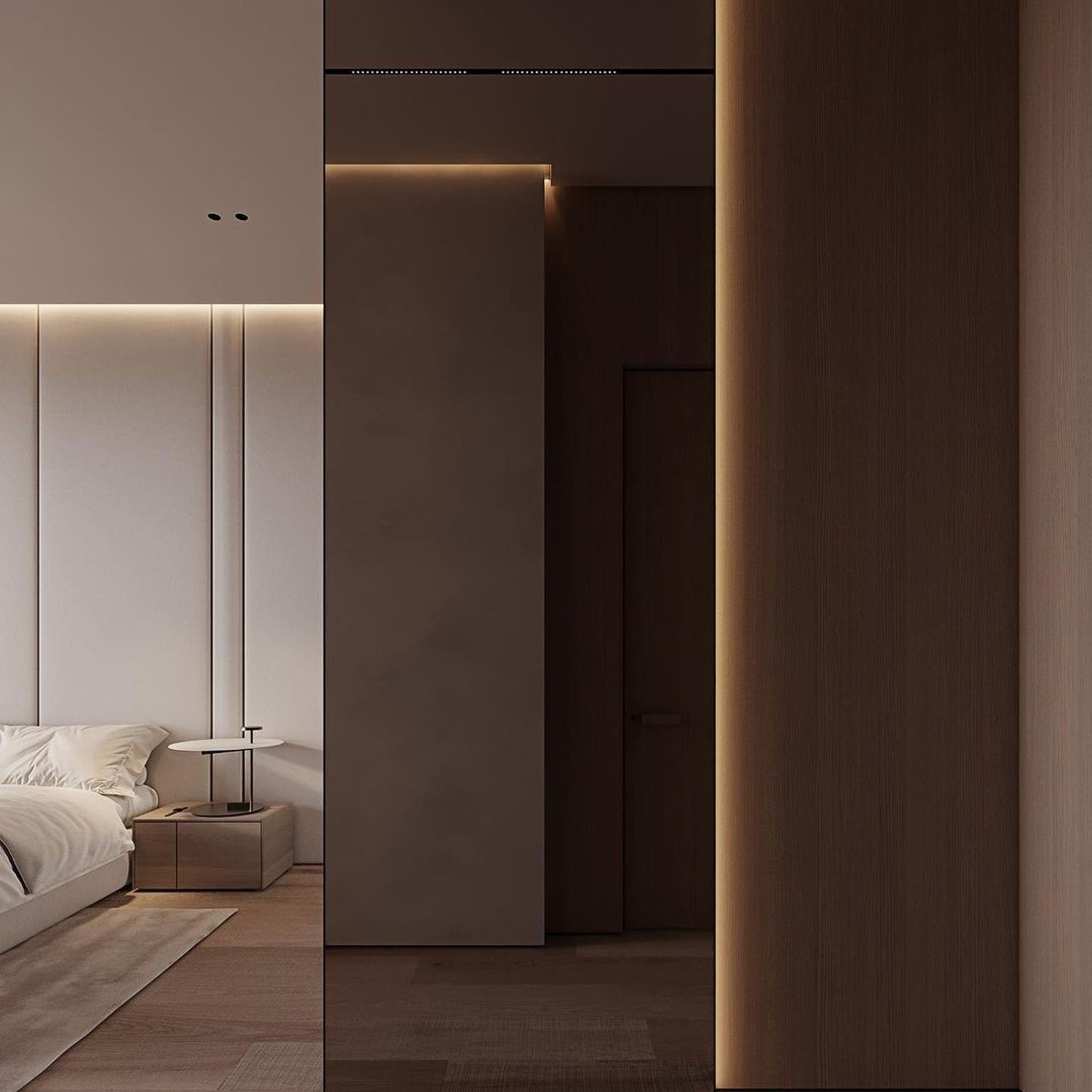 A modern bedroom featuring sleek design with minimalist furniture and warm ambient lighting.