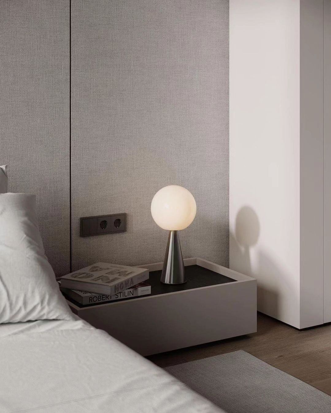 Minimalist bedroom bedside table design with sophisticated detailing