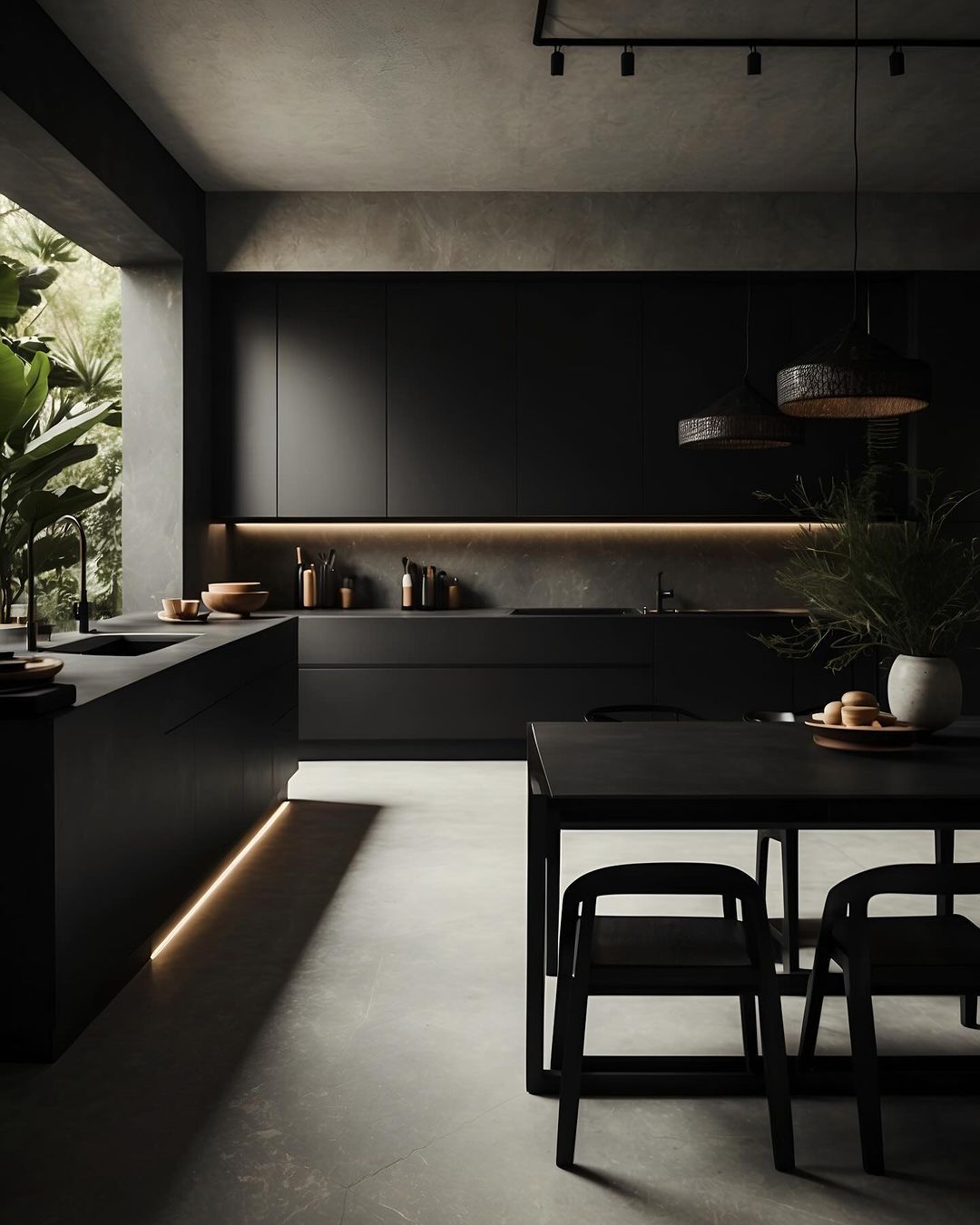 A modern kitchen with matte black cabinetry and ambient lighting