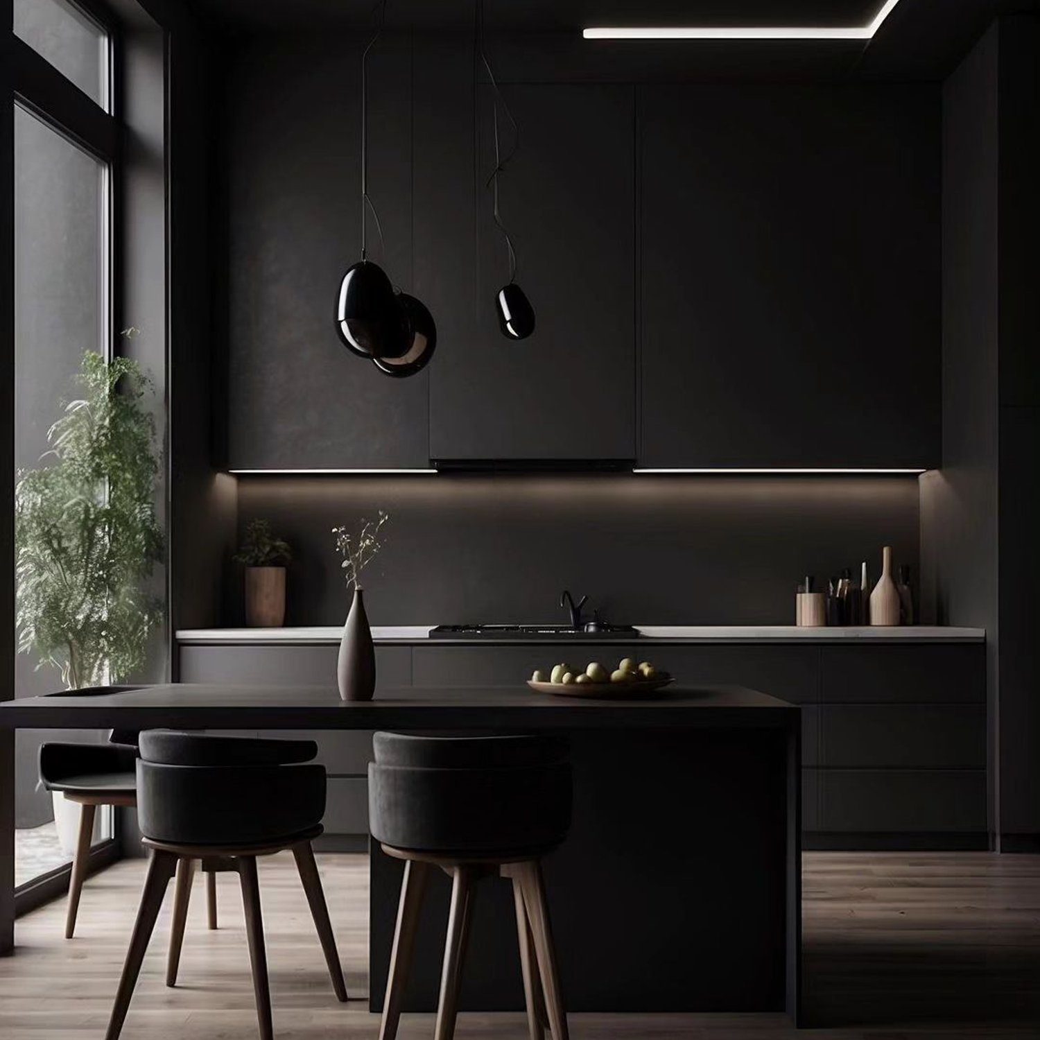 An elegantly designed minimalist kitchen with dark tones