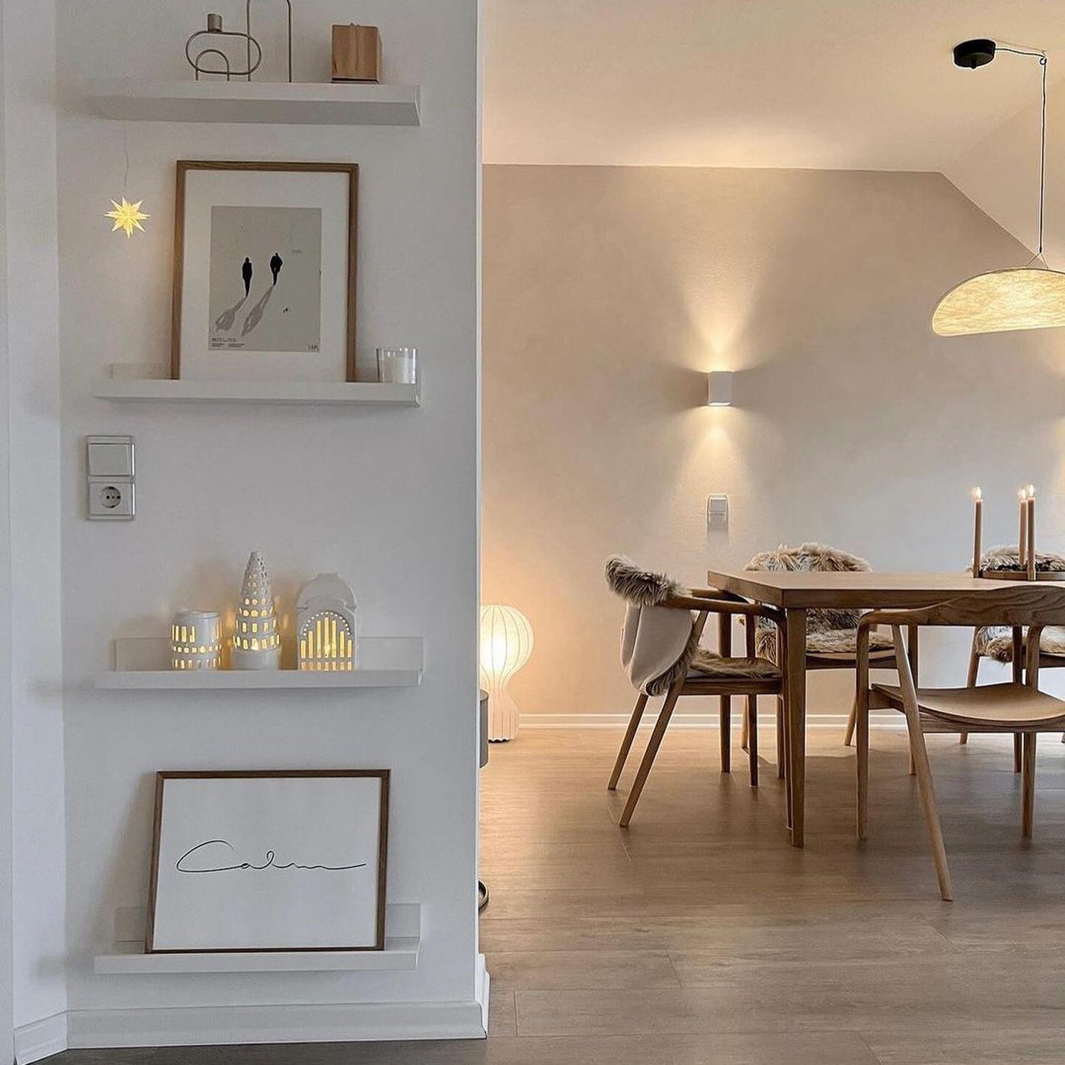 Scandinavian minimalist dining room with warm lighting