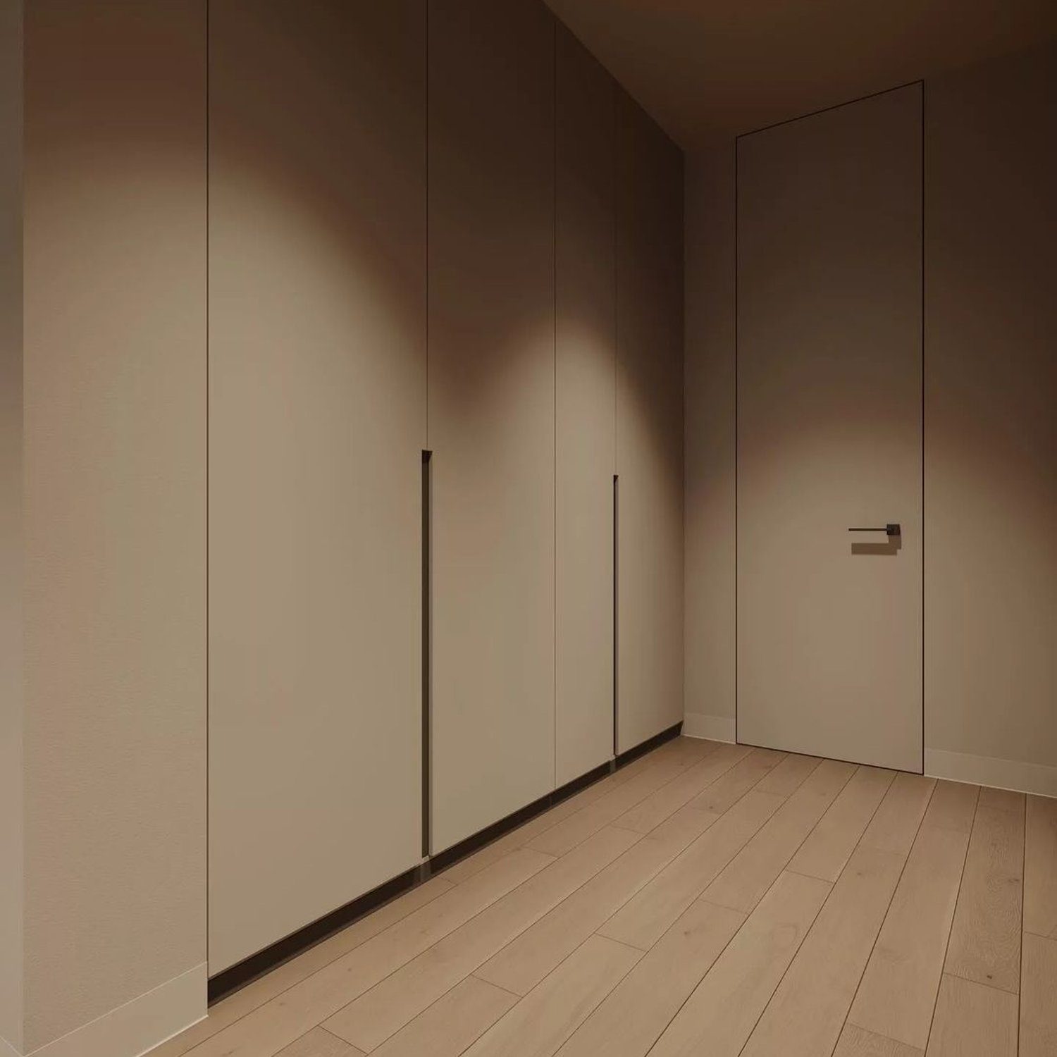 Minimalist interior door design with seamless walls and floor