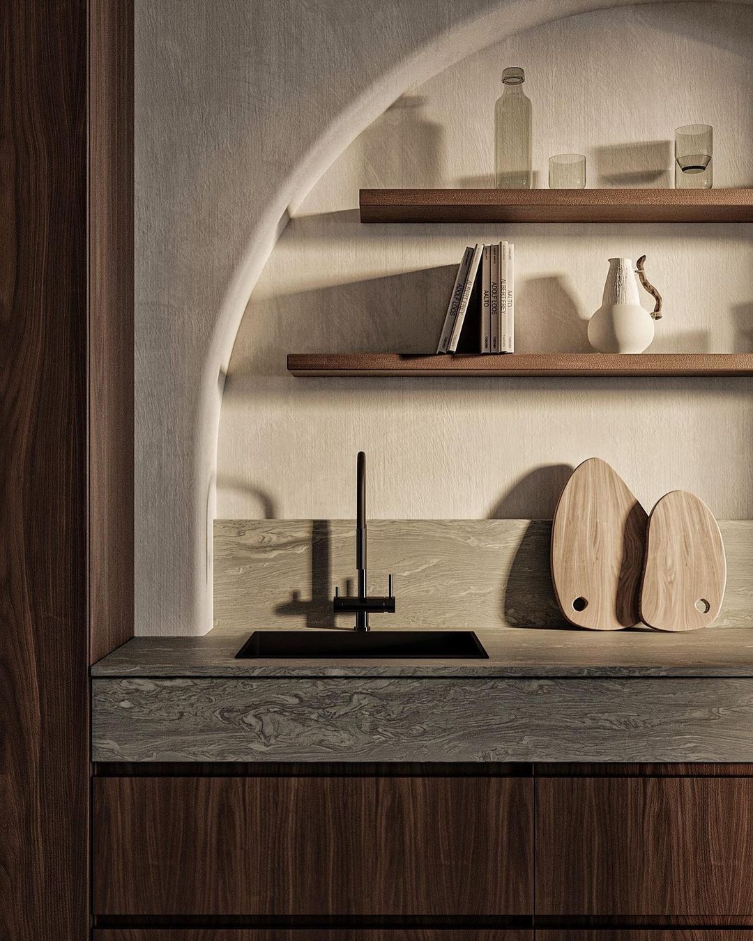 A minimalist kitchen design with earthy tones