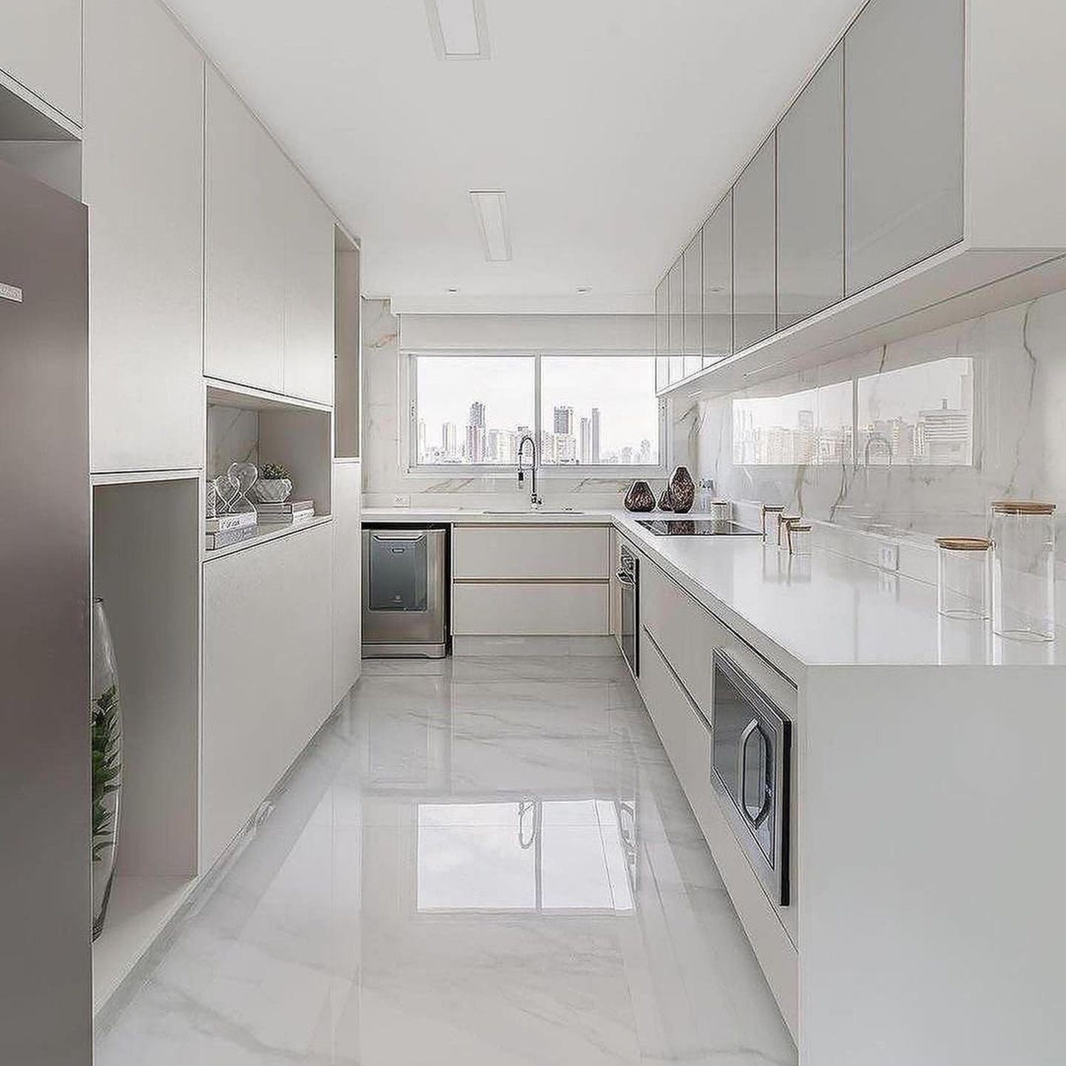 A minimalist kitchen with sleek white surfaces and floor-to-ceiling windows overlooking the city skyline