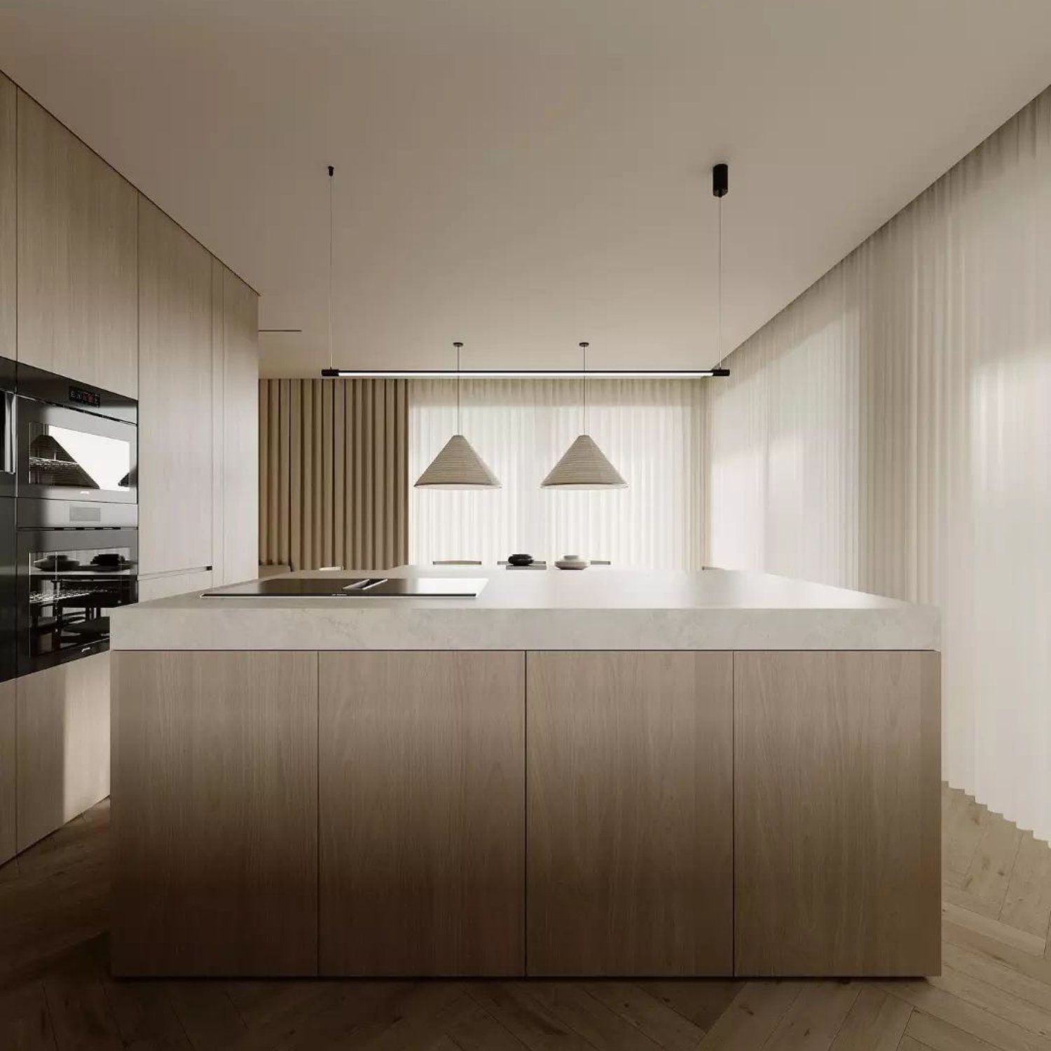 Modern, minimalist kitchen with wooden textures